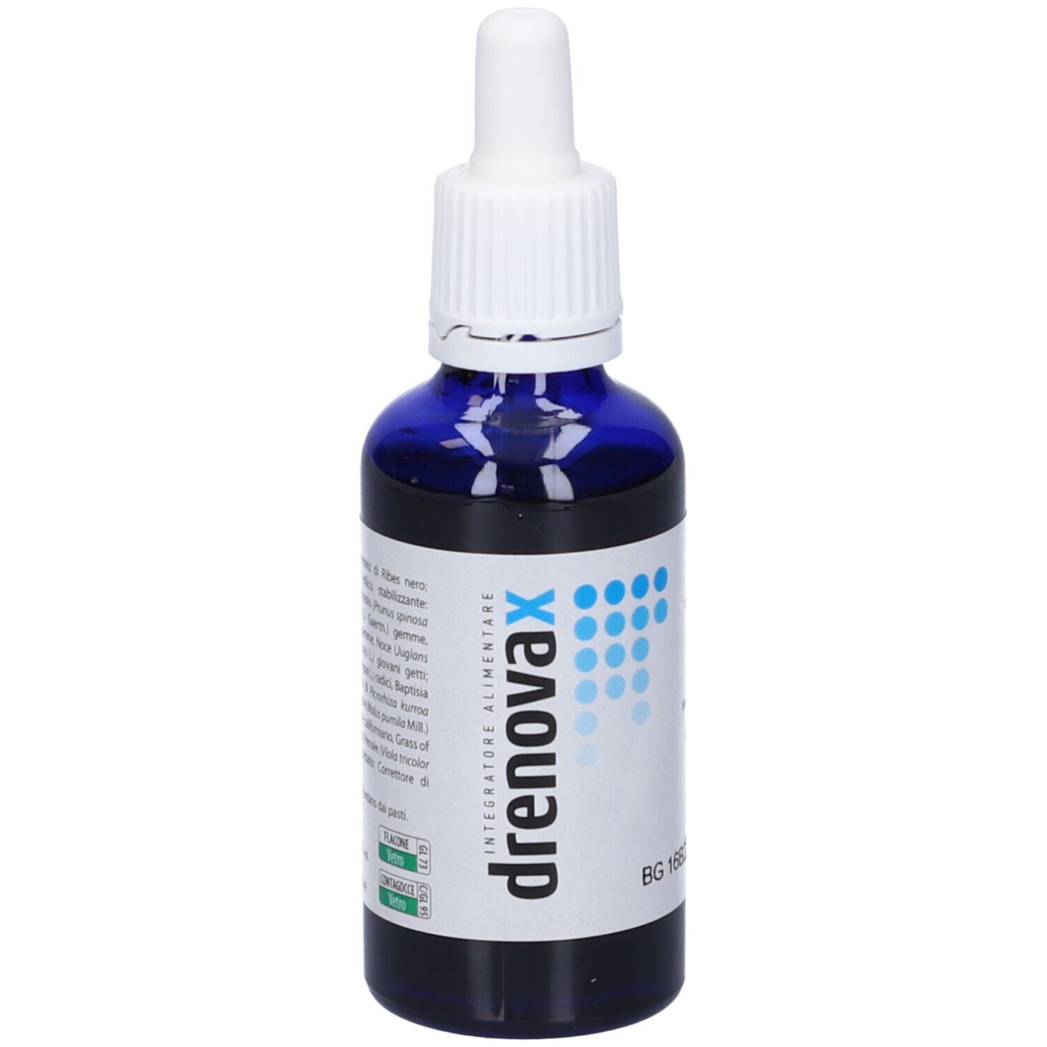 Flacone blu con contagocce bianco. Scritta 'drenovax' ed etichetta.