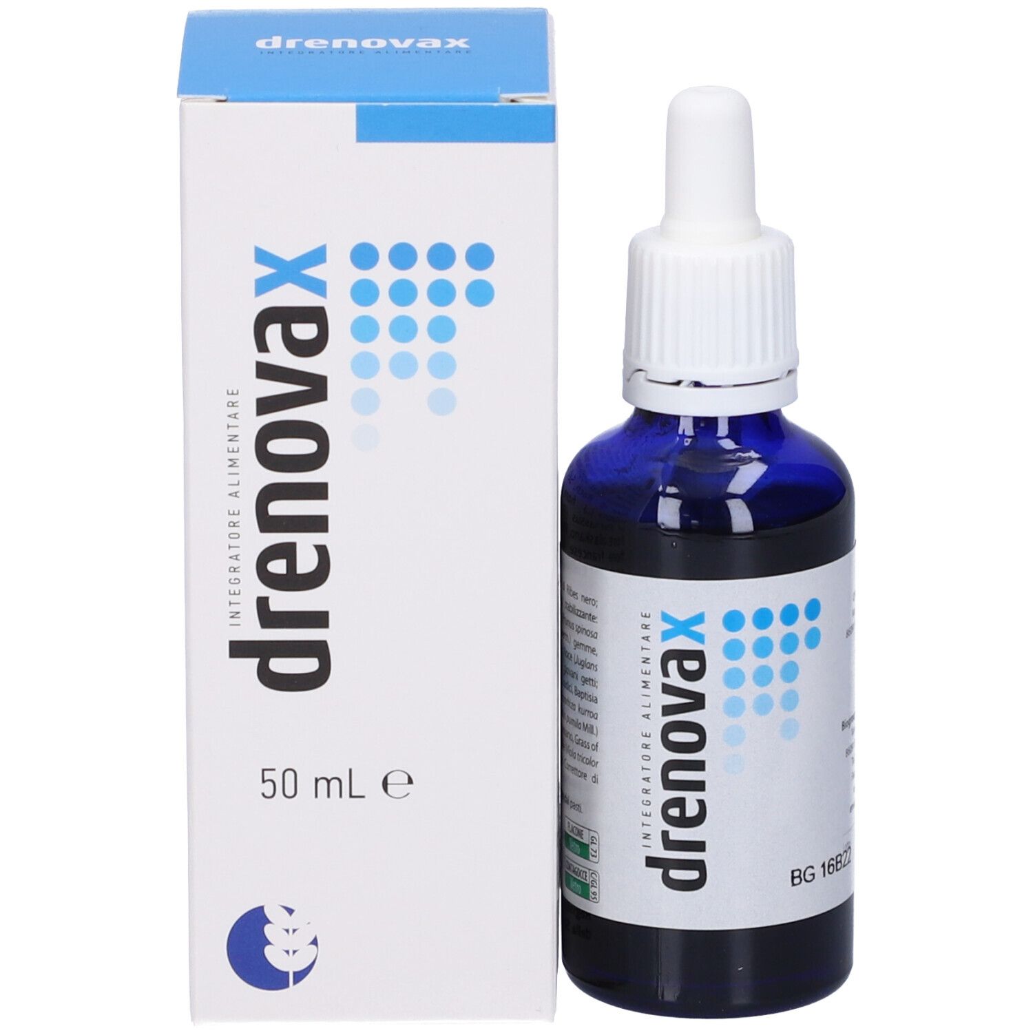Flacone blu con contagocce e scatola. Scritta 'drenovax' e '50 ml e'.