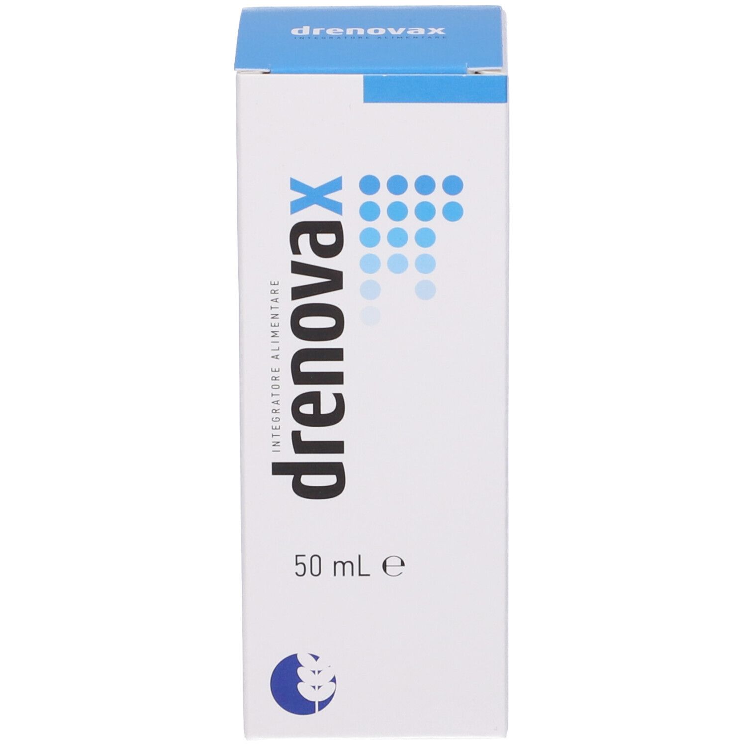 Scatola bianca e blu con 'drenovax' e '50 ml e'.