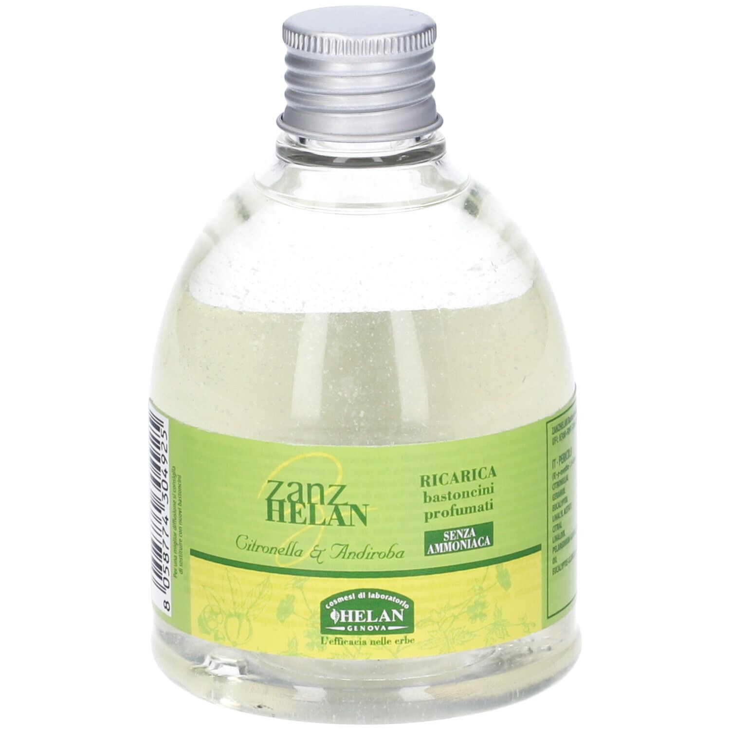 Flacone in vetro con liquido, tappo argentato ed etichetta. Testo: Zanzhelan, Citronella & Andiroba. Senza ammoniaca.