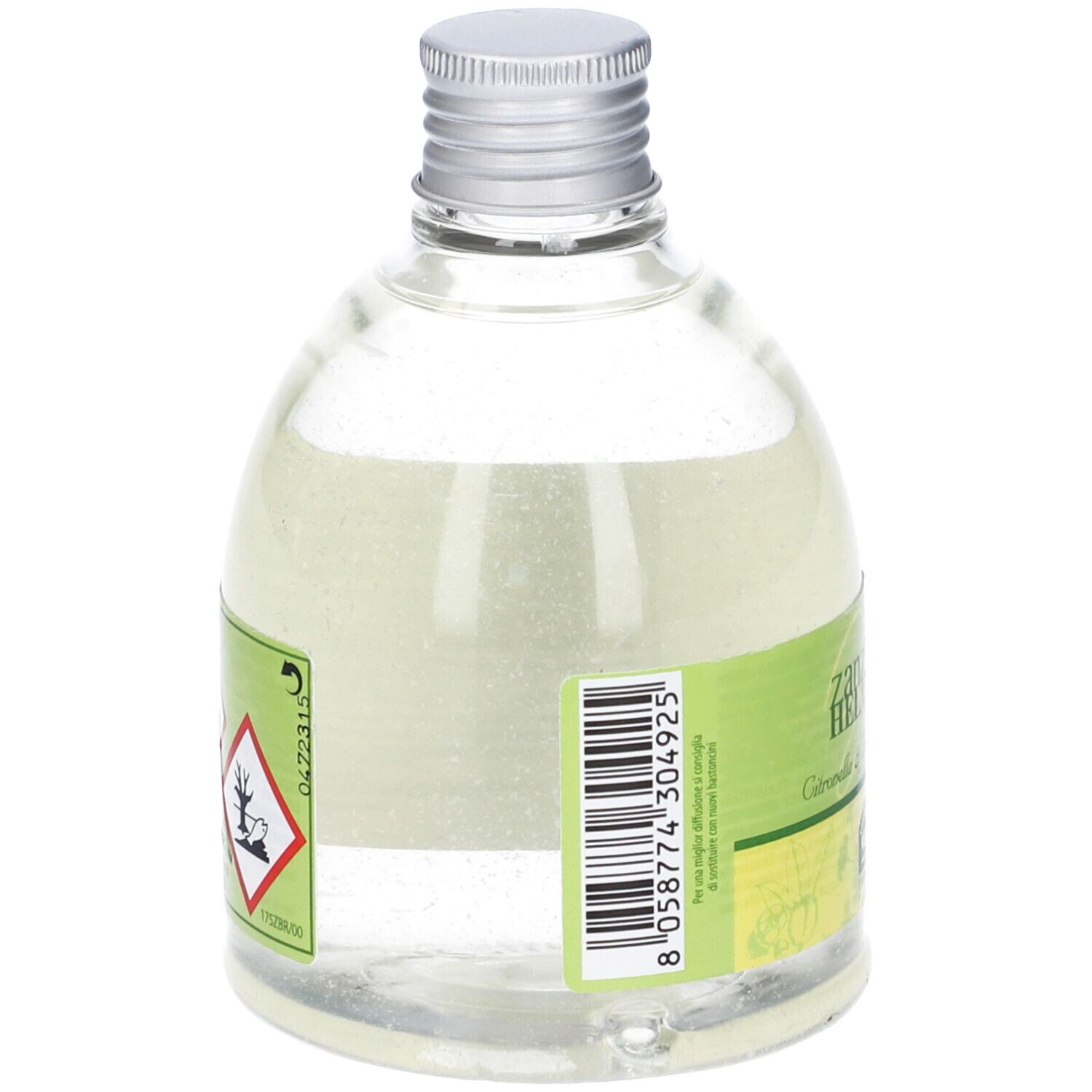 Flacone in vetro con liquido, tappo argentato ed etichetta. Retro con codice a barre e simboli di avvertimento. Testo illeggibile.