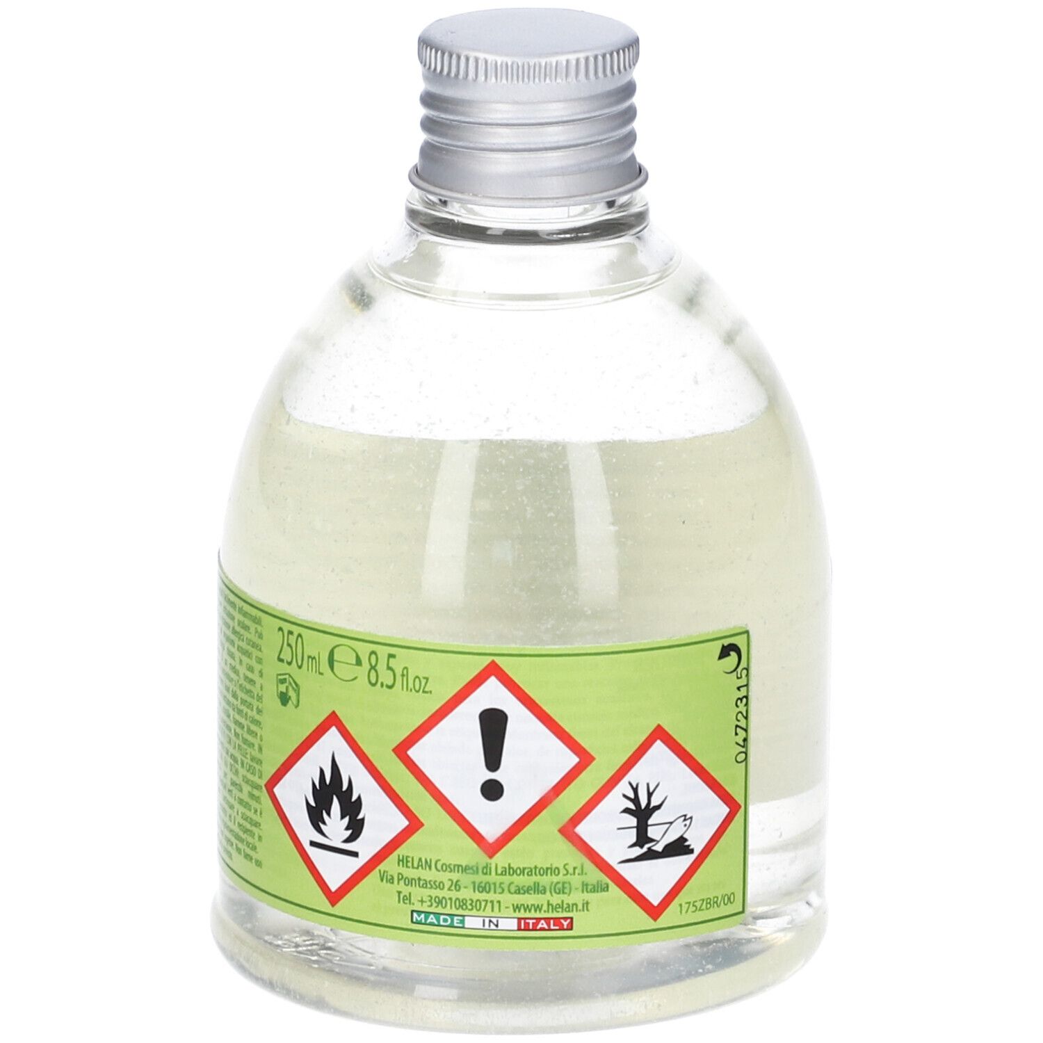 Flacone in vetro con liquido, tappo argentato ed etichetta. Simboli di avvertimento e testo. Volume: 250 ml.