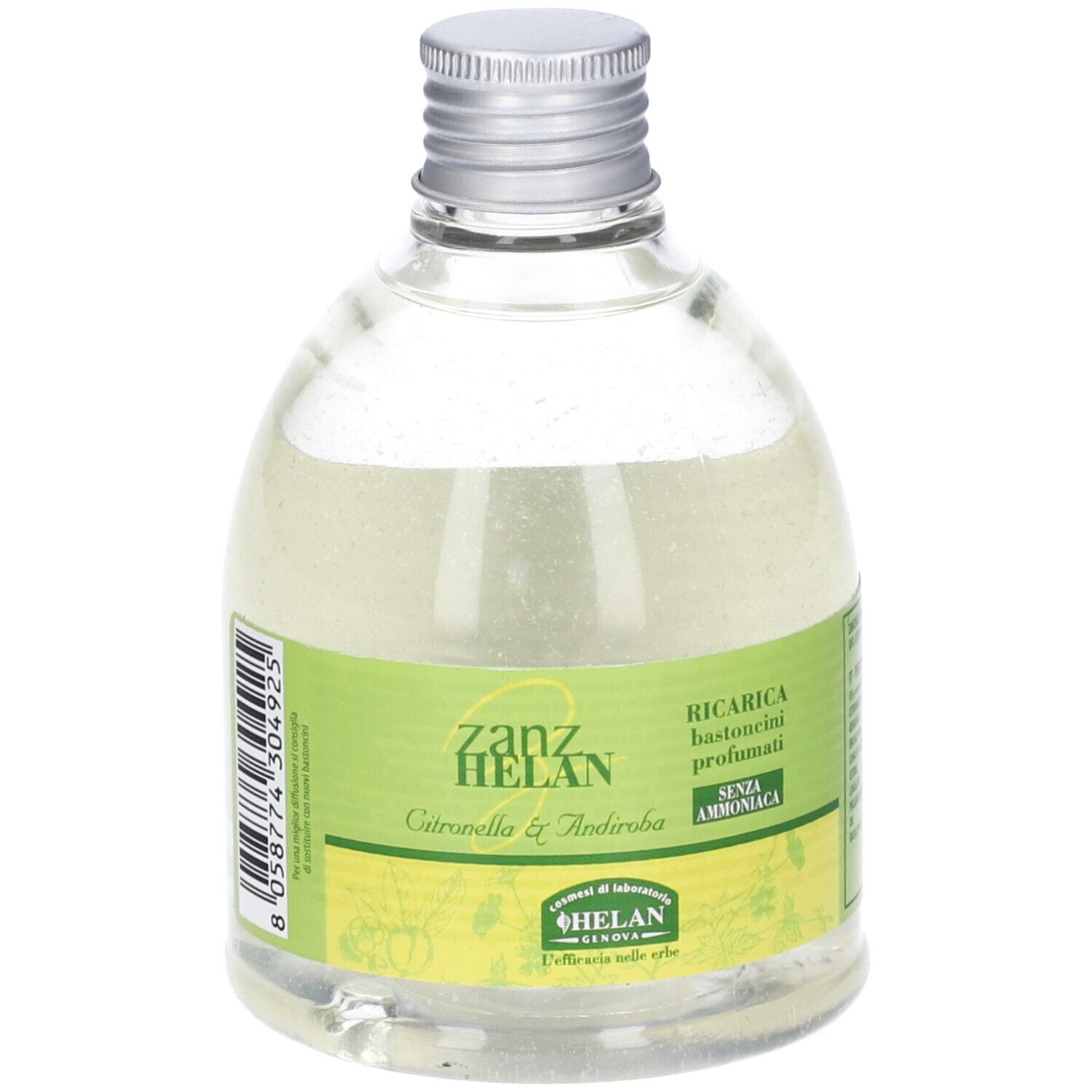 Flacone in vetro con liquido, tappo argentato ed etichetta. Testo: Zanzhelan, Citronella & Andiroba. Senza ammoniaca.