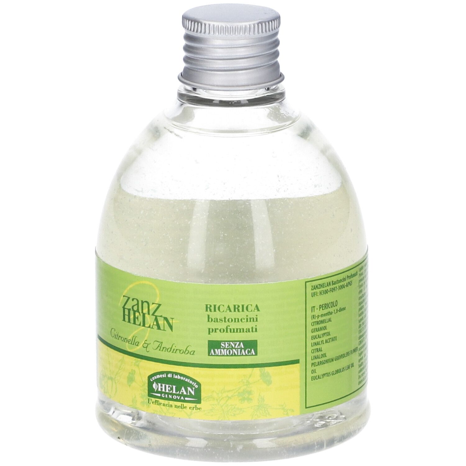 Flacone in vetro con liquido, tappo argentato ed etichetta. Testo: Zanzhelan, Citronella & Andiroba. Senza ammoniaca.