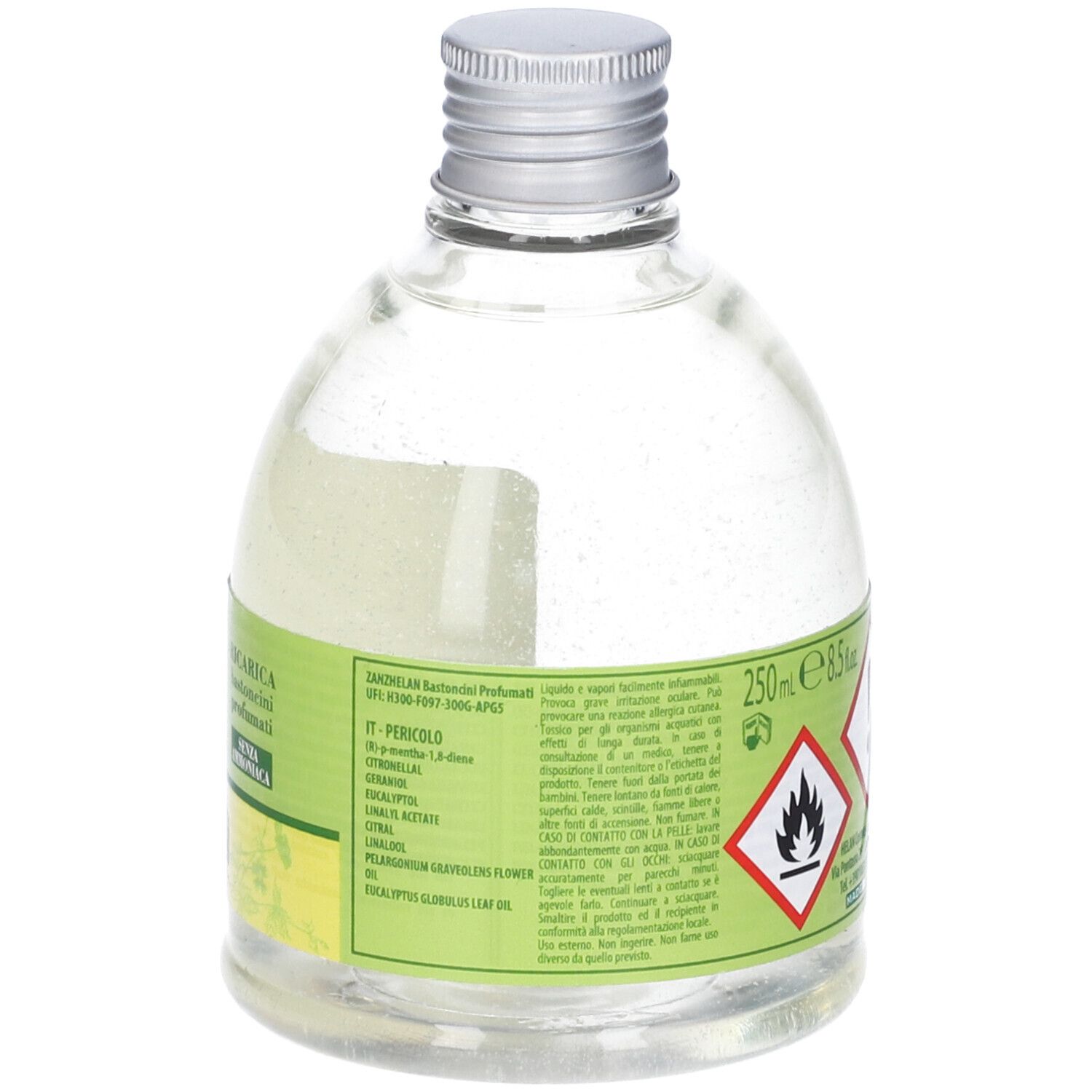Flacone in vetro con liquido, tappo argentato ed etichetta. Testo e simboli di avvertimento. Volume: 250 ml.