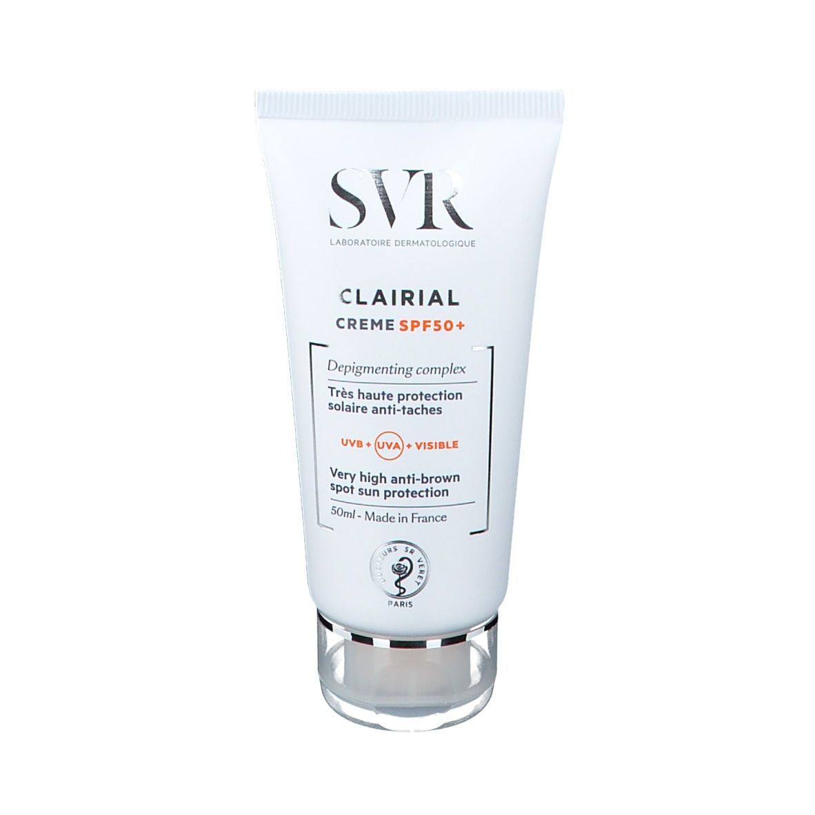Tubo bianco SVR Clarial Creme SPF50+. Testo: Très haute protection solaire anti-taches. Protezione UV. 50ml. Base trasparente.
