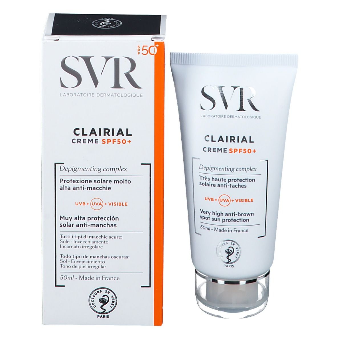 SVR Clarial Creme SPF50+ e confezione. Tubo e scatola bianchi. Testo: Très haute protection solaire anti-taches. 50ml.
