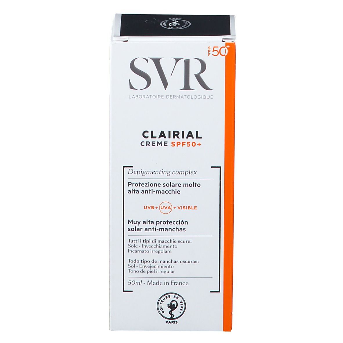 Confezione SVR Clarial Creme SPF50+. Scatola bianca con testo: Très haute protection solaire anti-taches. 50ml.