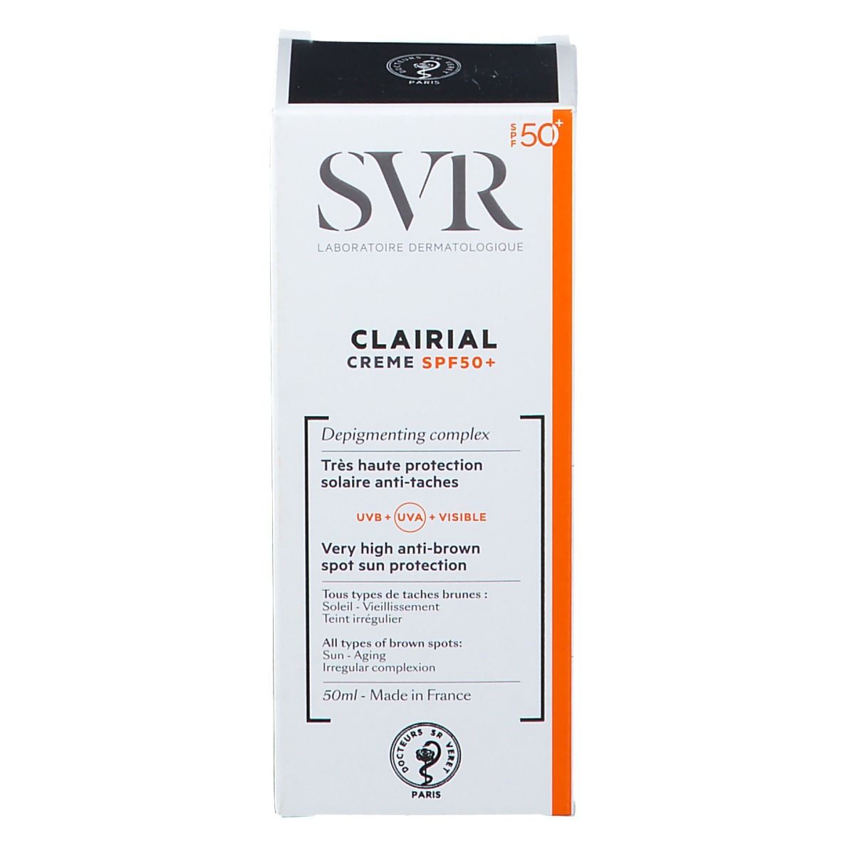 Confezione SVR Clarial Creme SPF50+. Scatola bianca con testo: Très haute protection solaire anti-taches. 50ml.