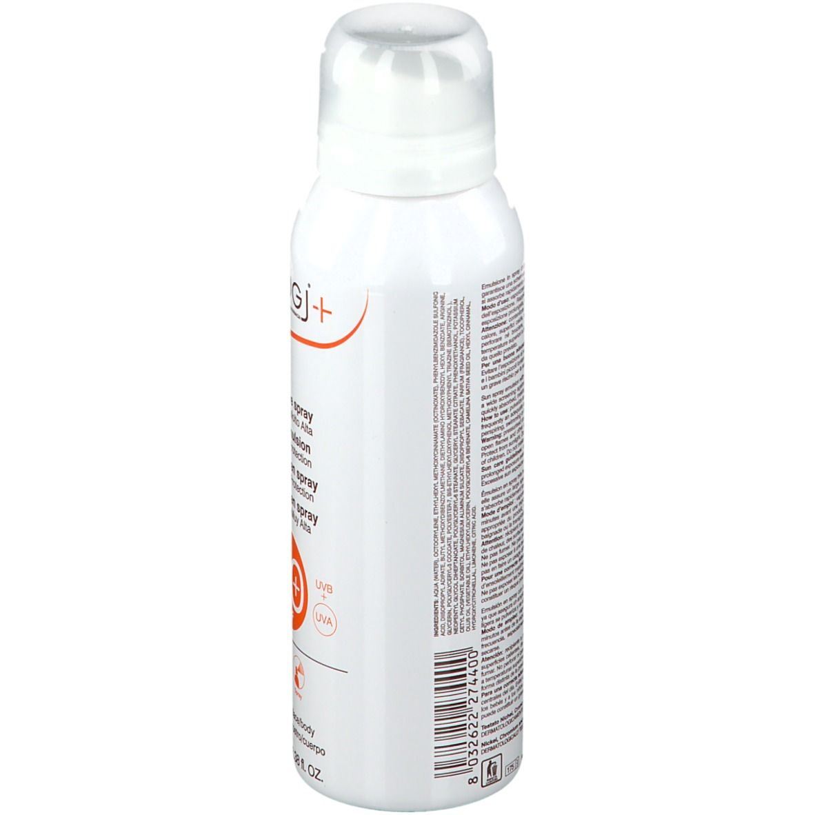 Spray bianco, vista laterale. Testo: ROUGJ+, Emulsione spray, SPF 50+. Con testo multilingue e codice a barre.