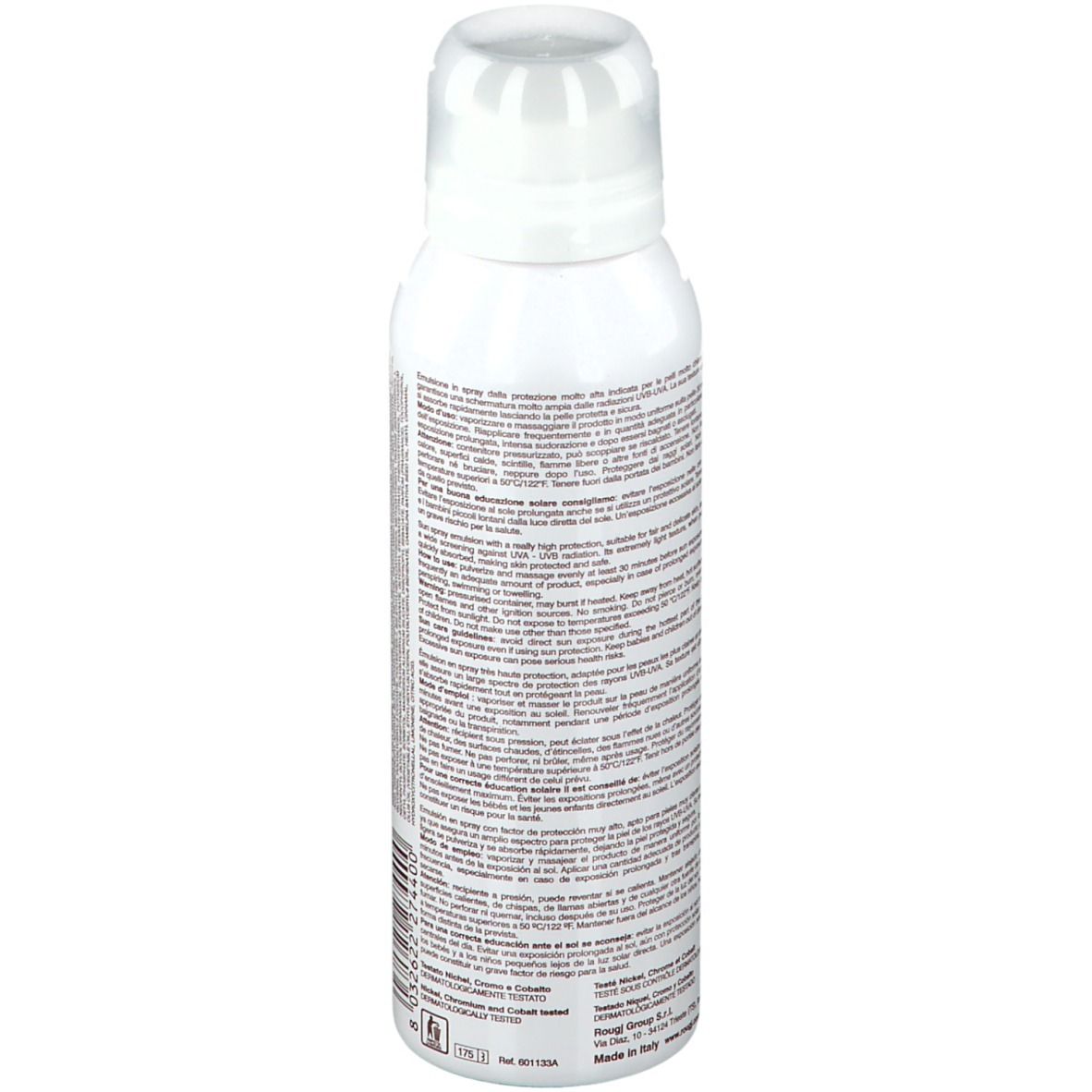 Spray bianco, vista posteriore. Testo multilingue. Codice a barre e informazioni del produttore.