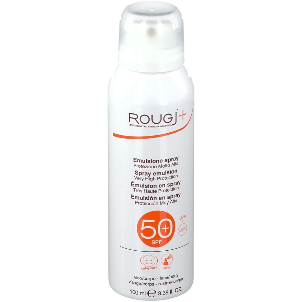 Spray bianco, vista laterale. Testo: ROUGJ+, Emulsione spray, SPF 50+. Con testo multilingue.