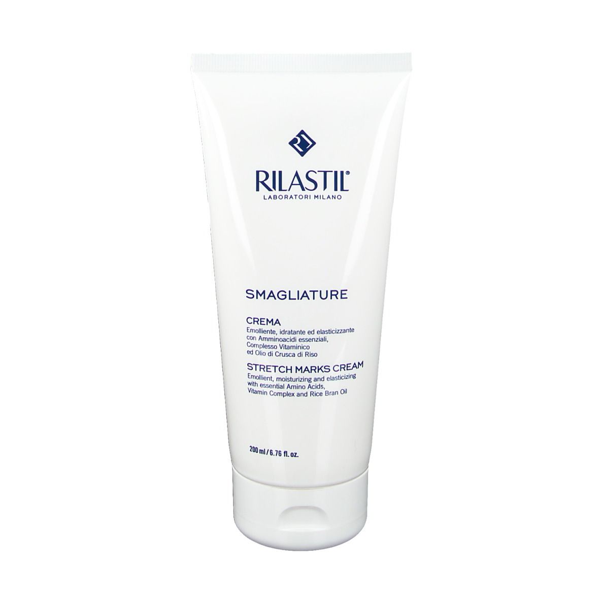 Tubo bianco RILASTIL® SMAGLIATURE. Scritte blu. Nome del prodotto e marchio visibili.