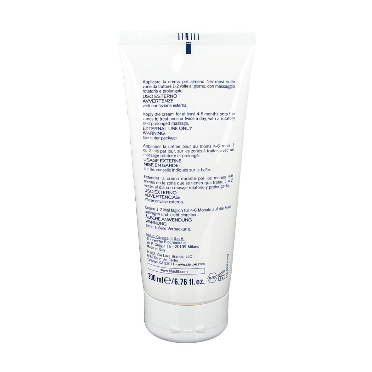Retro del tubo di crema RILASTIL® SMAGLIATURE. Testo multilingue. Istruzioni per l'uso.