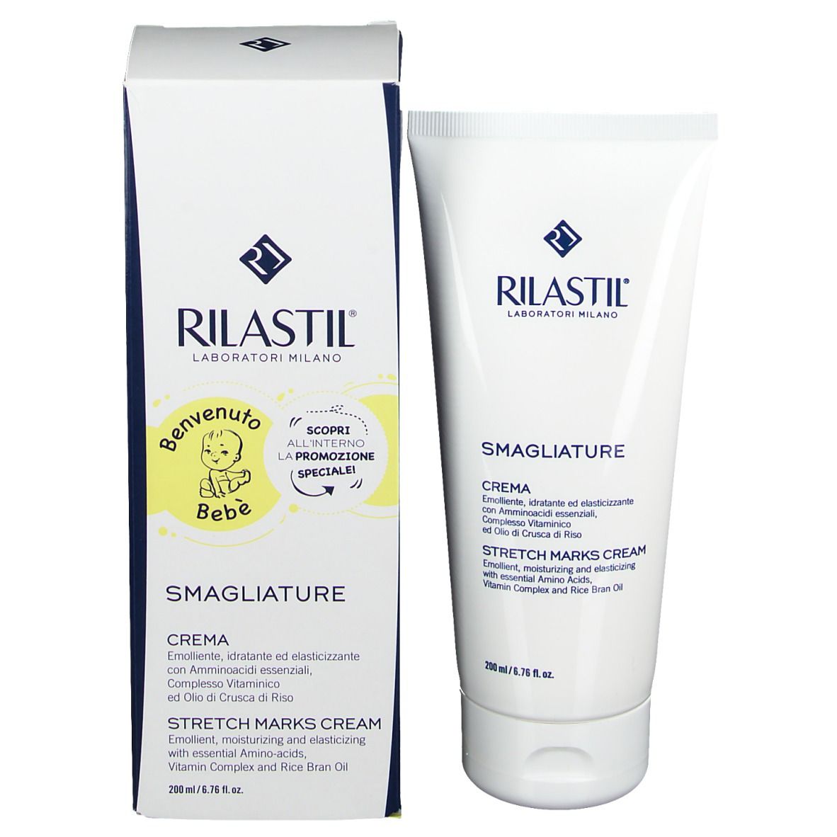 Crema RILASTIL® SMAGLIATURE con confezione. Nome e marchio visibili. Illustrazione bambino.