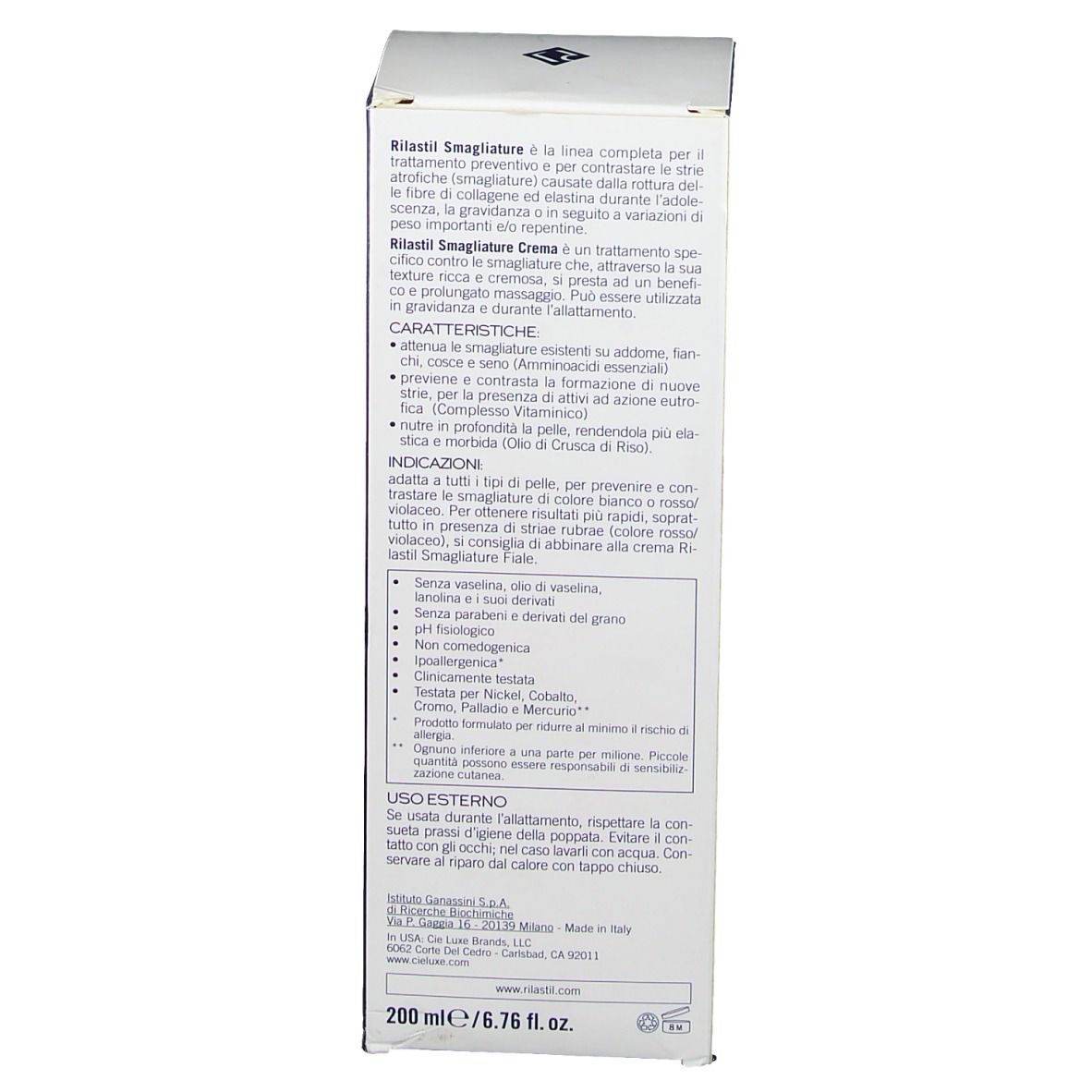 Confezione della crema RILASTIL® SMAGLIATURE. Testo multilingue. Informazioni sul prodotto.