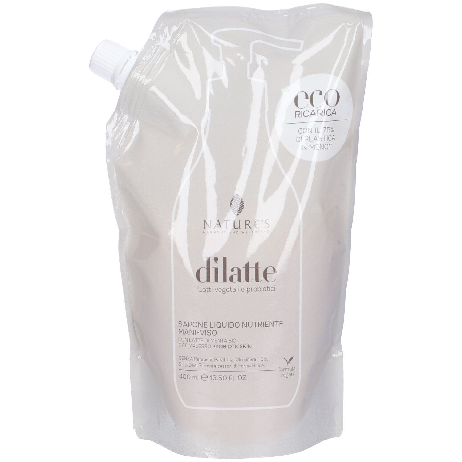 Busta trasparente ricarica sapone mani/viso. Stampa bianca con logo Nature's Dilatte. Logo Eco Ricarica visibile.