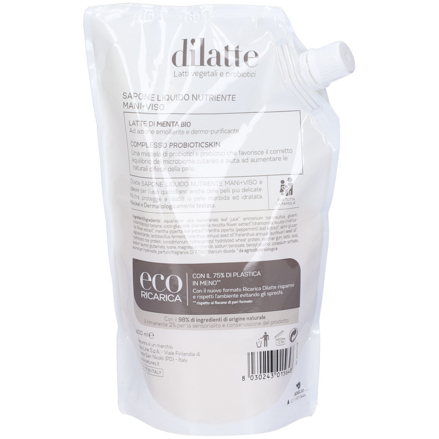 Retro della ricarica sapone mani/viso. Testo e loghi, tra cui Nature's Dilatte ed Eco Ricarica. Informazioni prodotto.