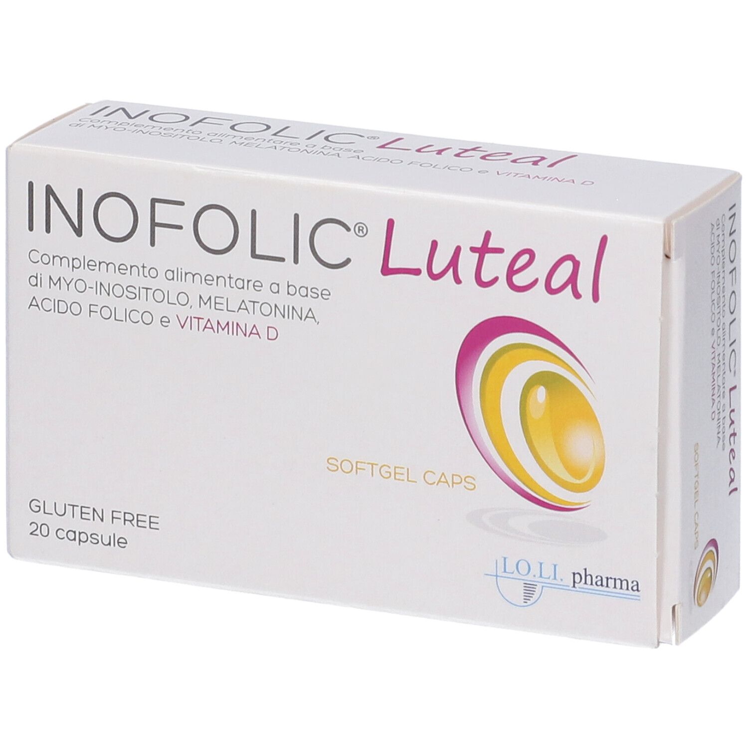 Scatola Inofolic Luteal. Senza glutine. Integratore alimentare con Myo-inositolo, melatonina, acido folico e vitamina D. 20 capsule.