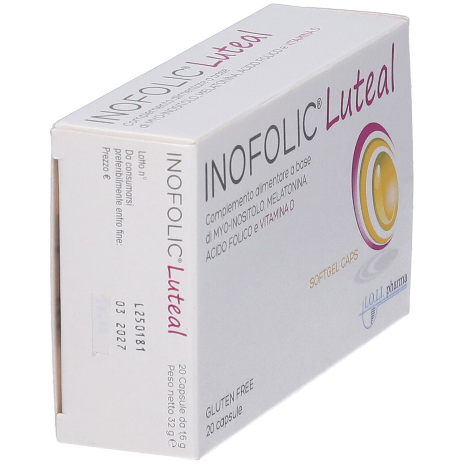 Scatola Inofolic Luteal, vista laterale. Integratore alimentare con Myo-inositolo, melatonina, acido folico e vitamina D. 20 capsule.