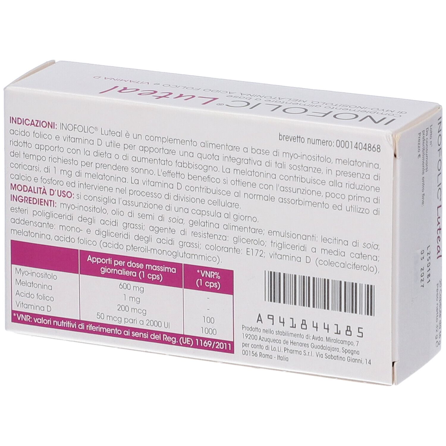 Retro della scatola Inofolic Luteal. Testo con ingredienti, dosaggio e informazioni nutrizionali. Numero di brevetto.