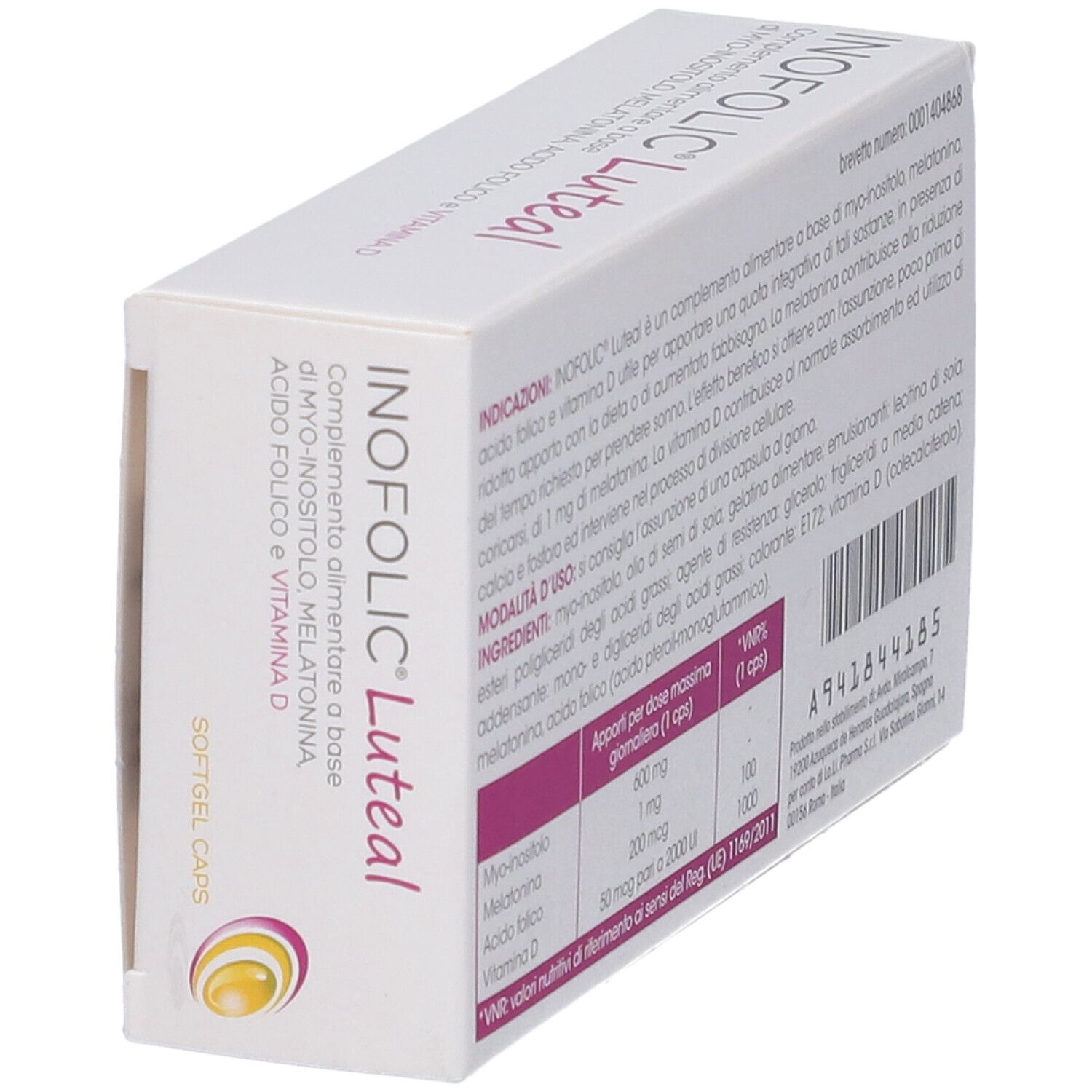 Scatola Inofolic Luteal, vista obliqua. Integratore alimentare con Myo-inositolo, melatonina, acido folico e vitamina D. 20 capsule.