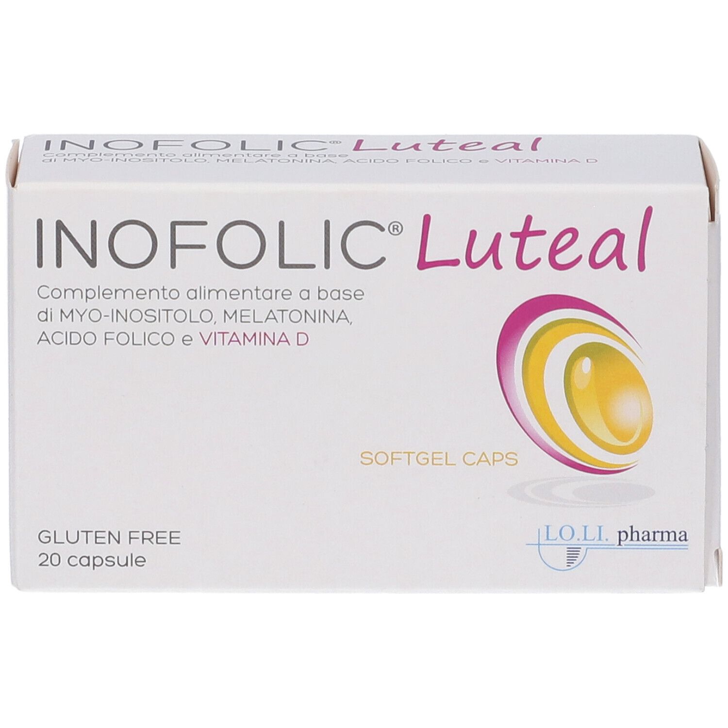 Scatola Inofolic Luteal. Integratore alimentare con Myo-inositolo, melatonina, acido folico e vitamina D. 20 capsule. Senza glutine.