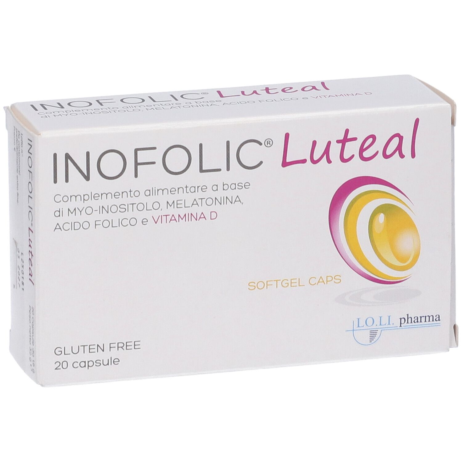 Scatola Inofolic Luteal. Integratore alimentare con Myo-inositolo, melatonina, acido folico e vitamina D. 20 capsule.