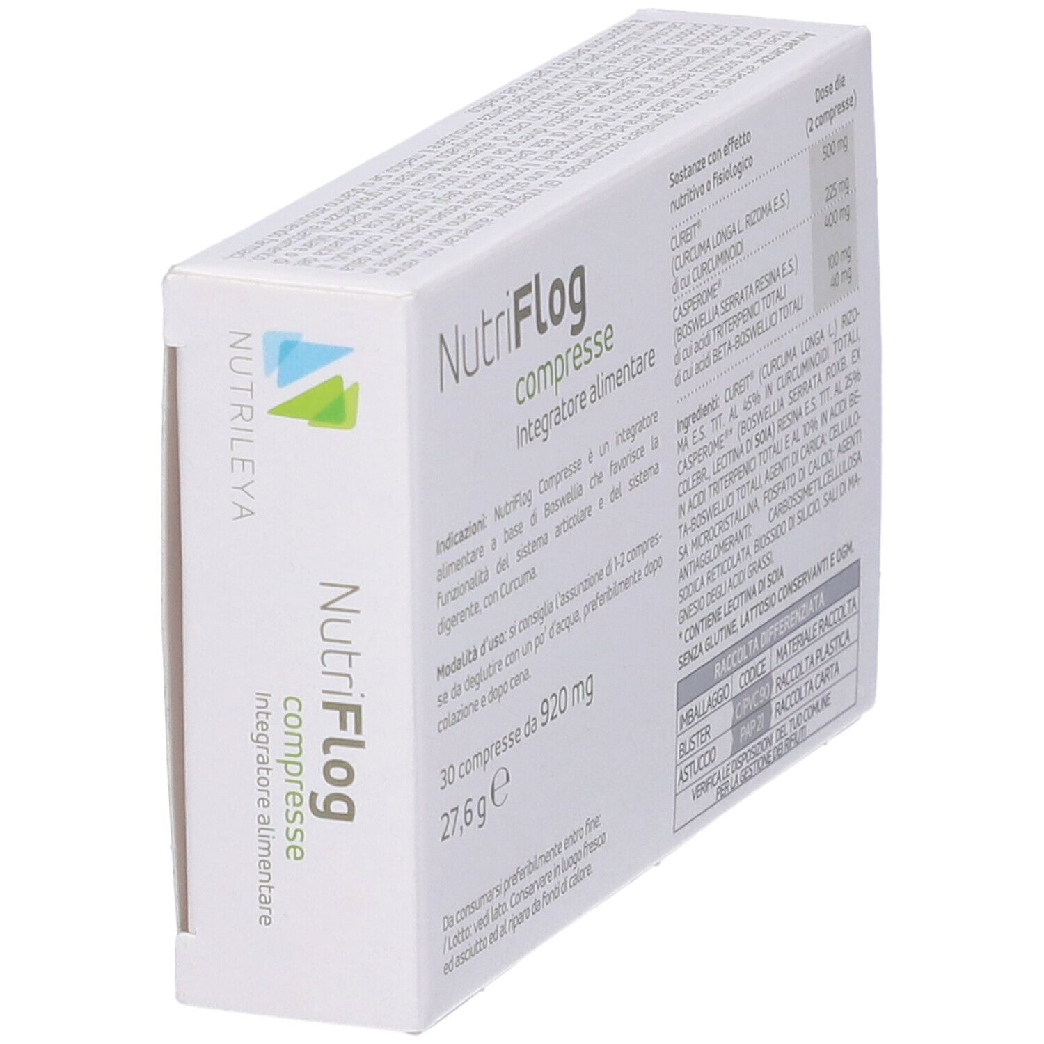 Scatola Nutriflog compresse. Retro con informazioni. Testo: Nutriflog compresse, 30 compresse, Nutriley, ingredienti.