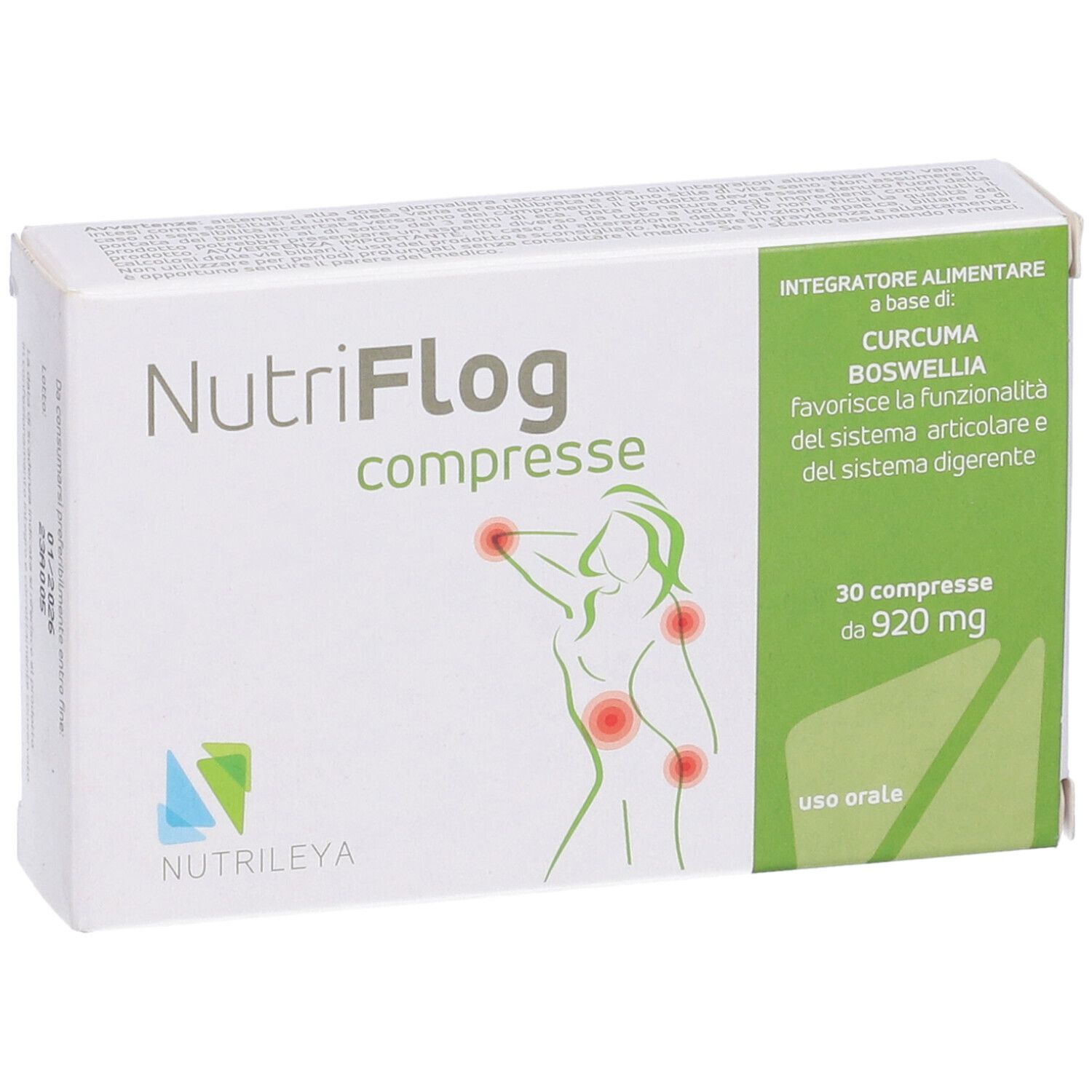 Scatola Nutriflog compresse. Bianco, accento verde. Testo: Nutriflog compresse, 30 compresse, Nutriley, illustrazione di una persona.