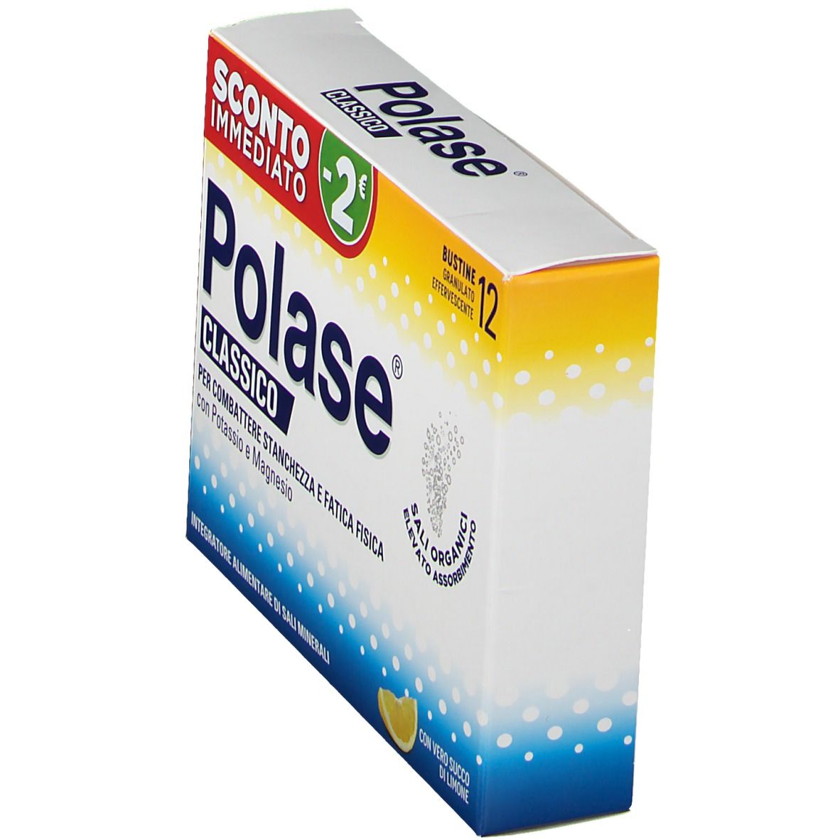 Scatola Polase Classico Gusto Limone. Scritto: 'Sconto Immediato -2€'. 12 bustine. Confezione bianca e gialla con nome del prodotto.