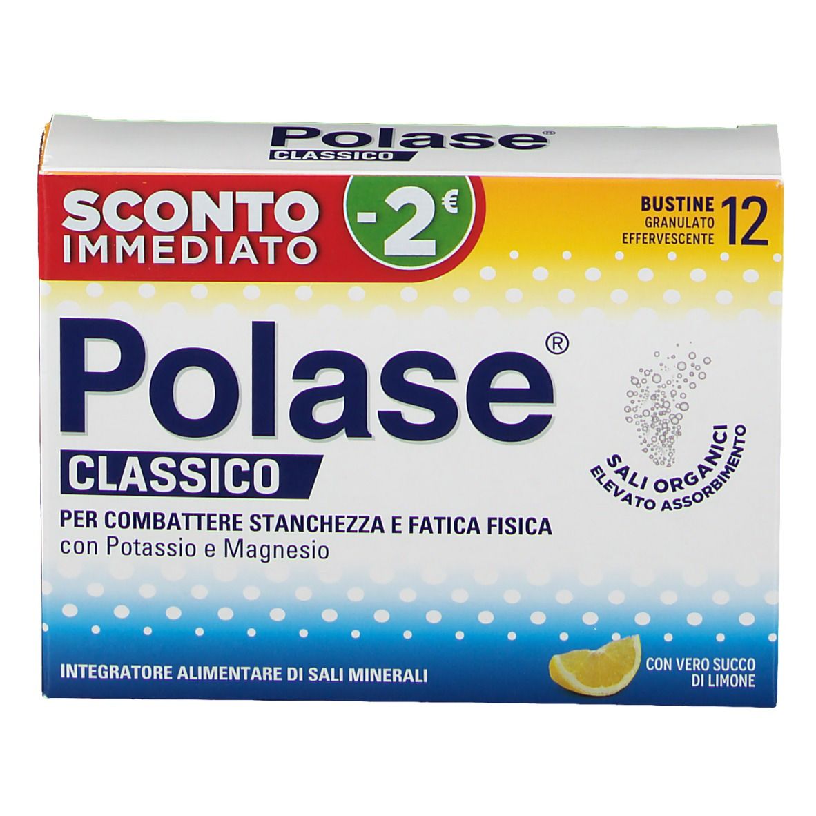 Scatola Polase Classico Gusto Limone. Scritto: 'Sconto Immediato -2€'. 12 bustine. Illustrazione di limone.
