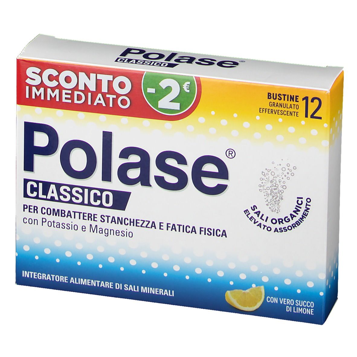 Scatola Polase Classico Gusto Limone. Scritto: 'Sconto Immediato -2€'. 12 bustine. Illustrazione di limone.