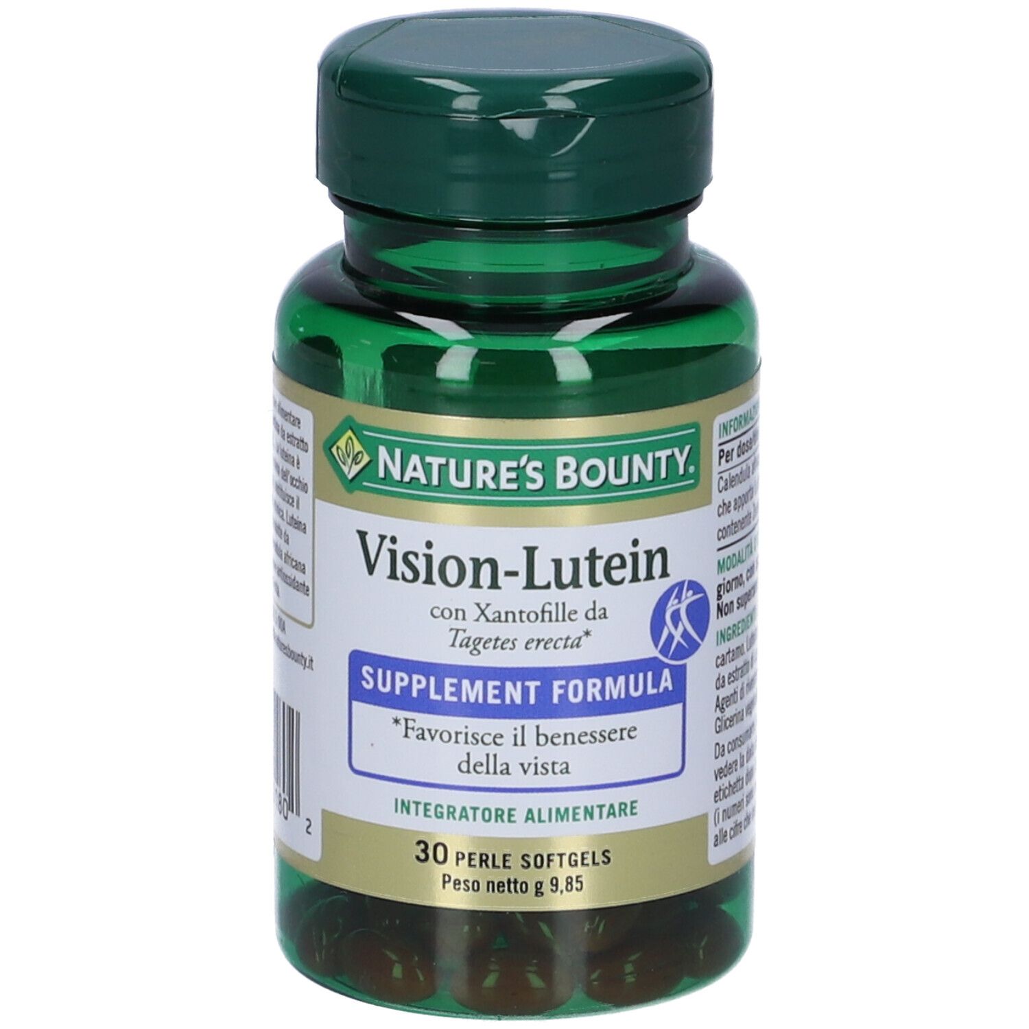 Flacone verde di Vision-Lutein, Nature's Bounty. 30 perle. Scritta: Favorisce il benessere della vista. Confezione verde e bianca.