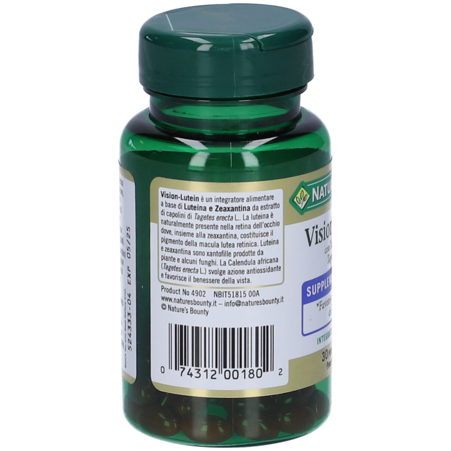 Retro del flacone verde. Testo: Vision-Lutein, Nature's Bounty. Ingredienti, numero di lotto, data di scadenza. Codice a barre.