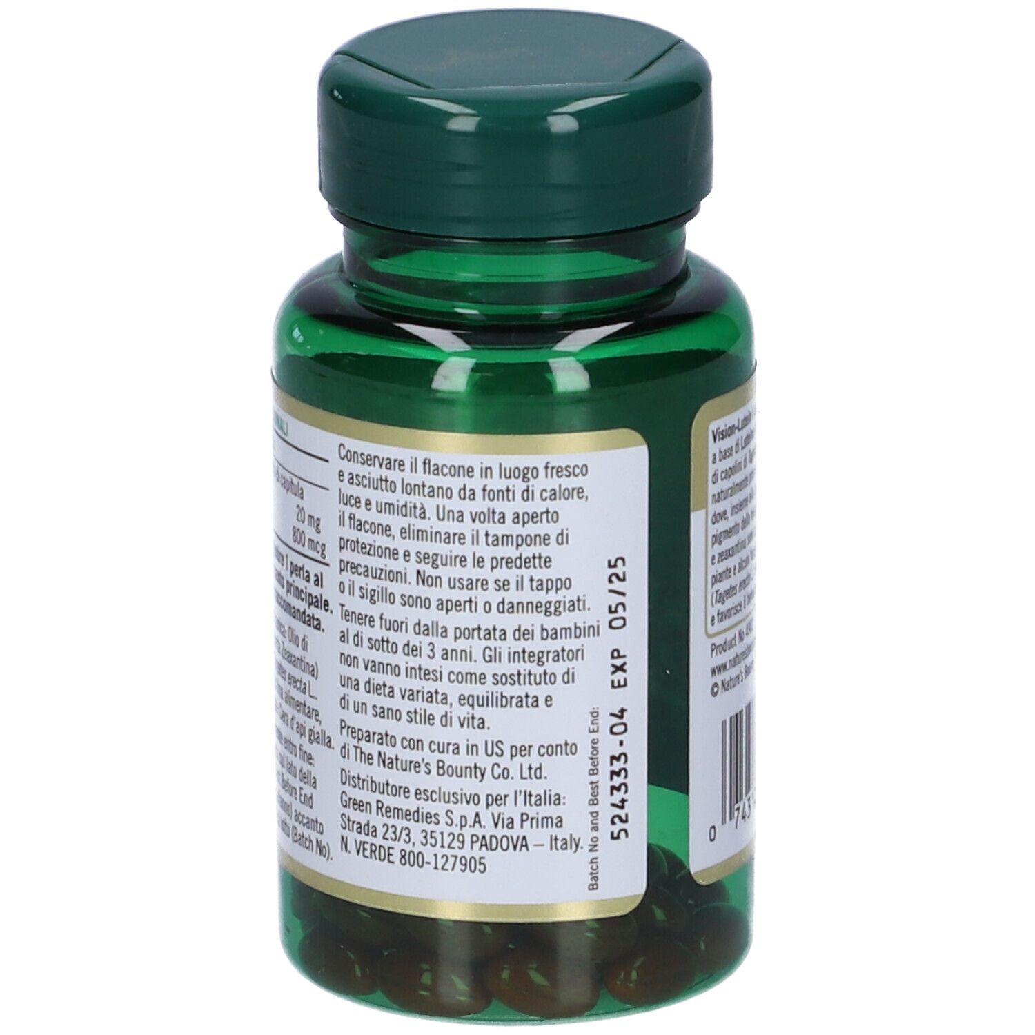 Retro del flacone verde. Testo: Vision-Lutein, Nature's Bounty. Precauzioni, data di scadenza. Informazioni produttore.