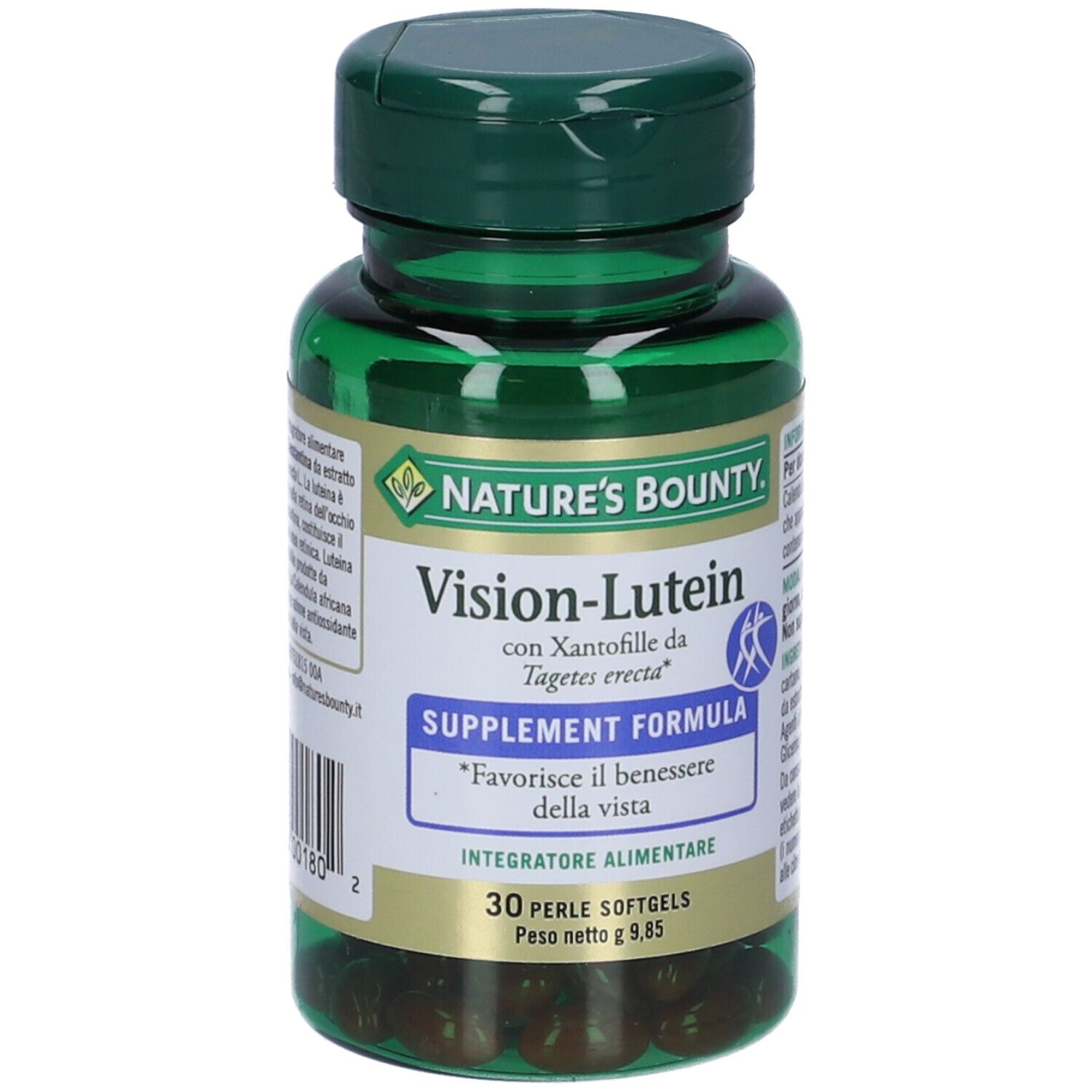 Flacone verde di Vision-Lutein, Nature's Bounty. 30 perle. Scritta: Favorisce il benessere della vista. Confezione verde e bianca.