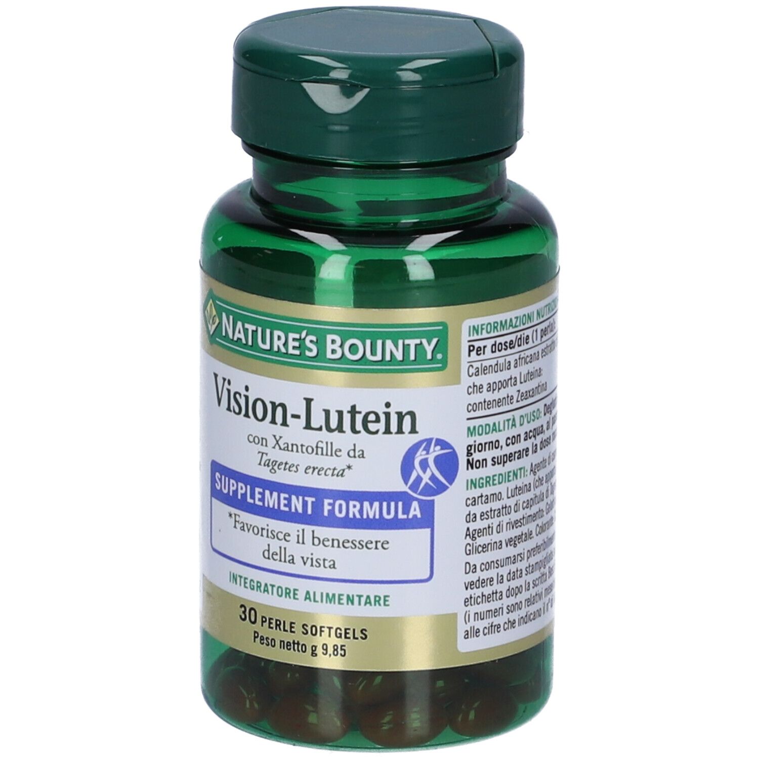 Flacone verde di Vision-Lutein, Nature's Bounty. 30 perle. Scritta: Favorisce il benessere della vista. Confezione verde e bianca.