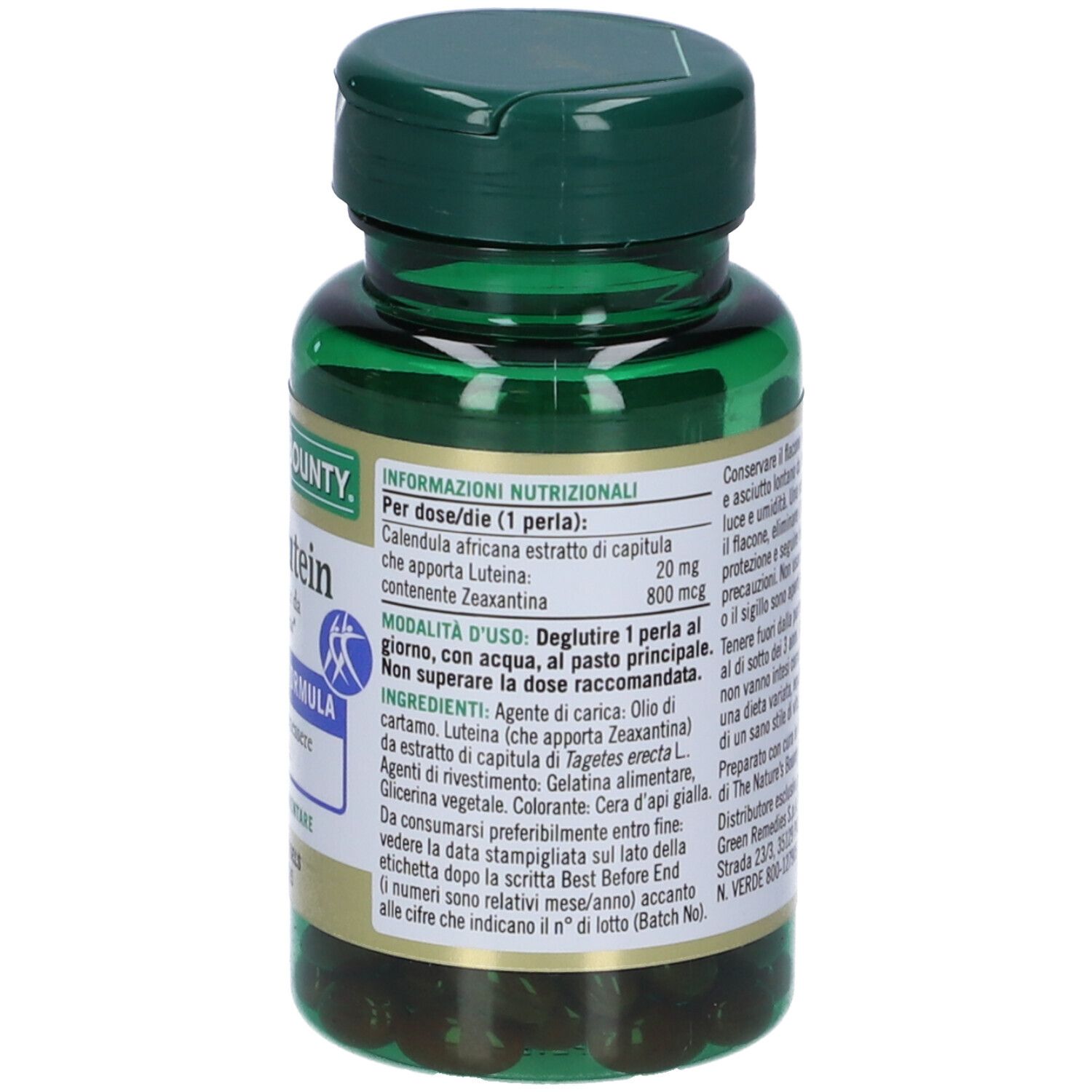Retro del flacone verde. Testo: Vision-Lutein, Nature's Bounty. Informazioni nutrizionali, ingredienti, modalità d'uso.