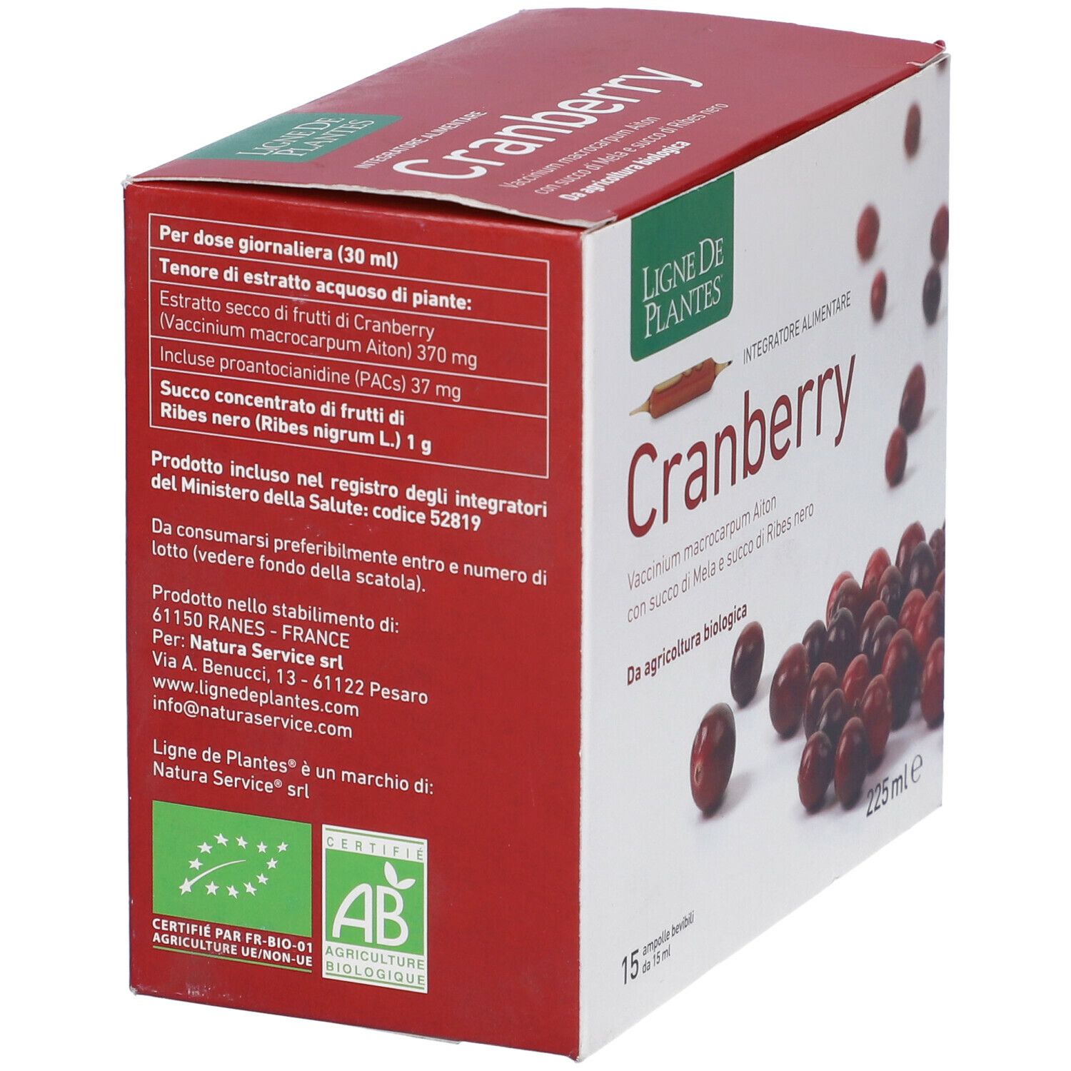 Scatola Cranberry, retro con ingredienti e dosaggio. Certificazione biologica. 15 fiale, 225 ml.