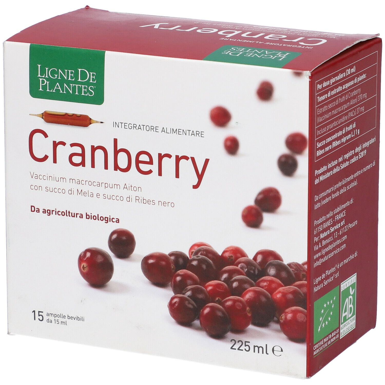 Scatola di prodotto Cranberry. Frutti rossi e informazioni. 15 fiale, 225 ml. Certificazione biologica.