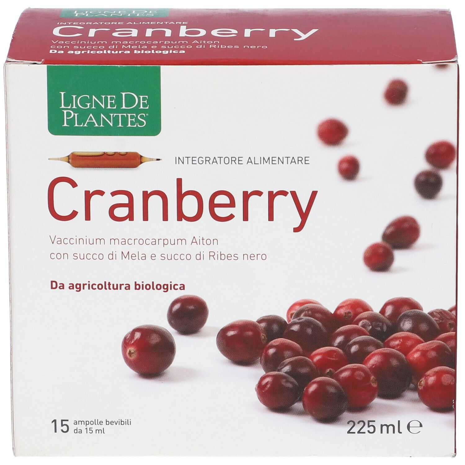 Scatola di prodotto Cranberry. Frutti rossi e informazioni. 15 fiale, 225 ml.