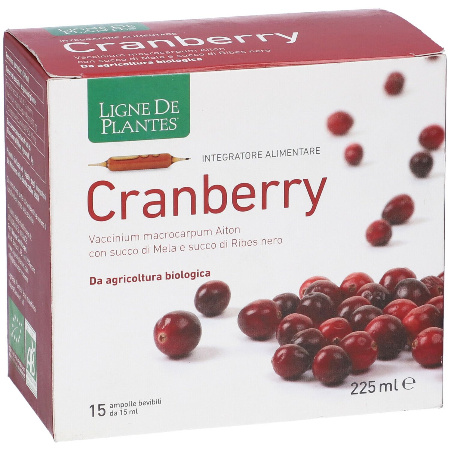 Scatola di prodotto Cranberry. Frutti rossi e informazioni. 15 fiale, 225 ml.