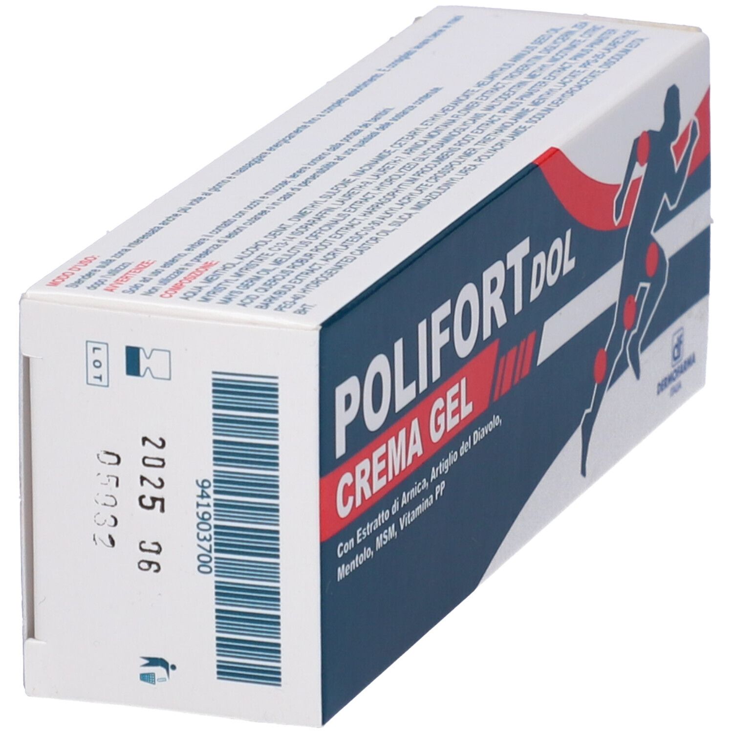 Confezione Polifortdol Crema Gel, in diagonale. Bianco, blu e rosso. Contiene Arnica e Artiglio del diavolo. Logo Dermofarma.