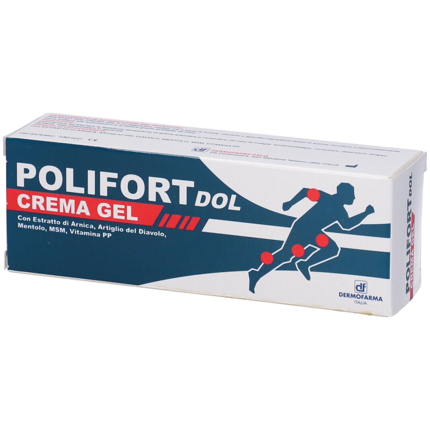 Confezione Polifortdol Crema Gel. Bianco, blu e rosso. Contiene Arnica e Artiglio del diavolo. Logo Dermofarma.
