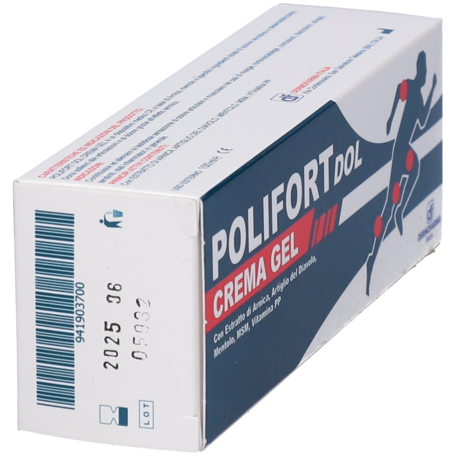 Confezione Polifortdol Crema Gel, in diagonale. Bianco, blu e rosso. Contiene Arnica e Artiglio del diavolo. Logo Dermofarma.