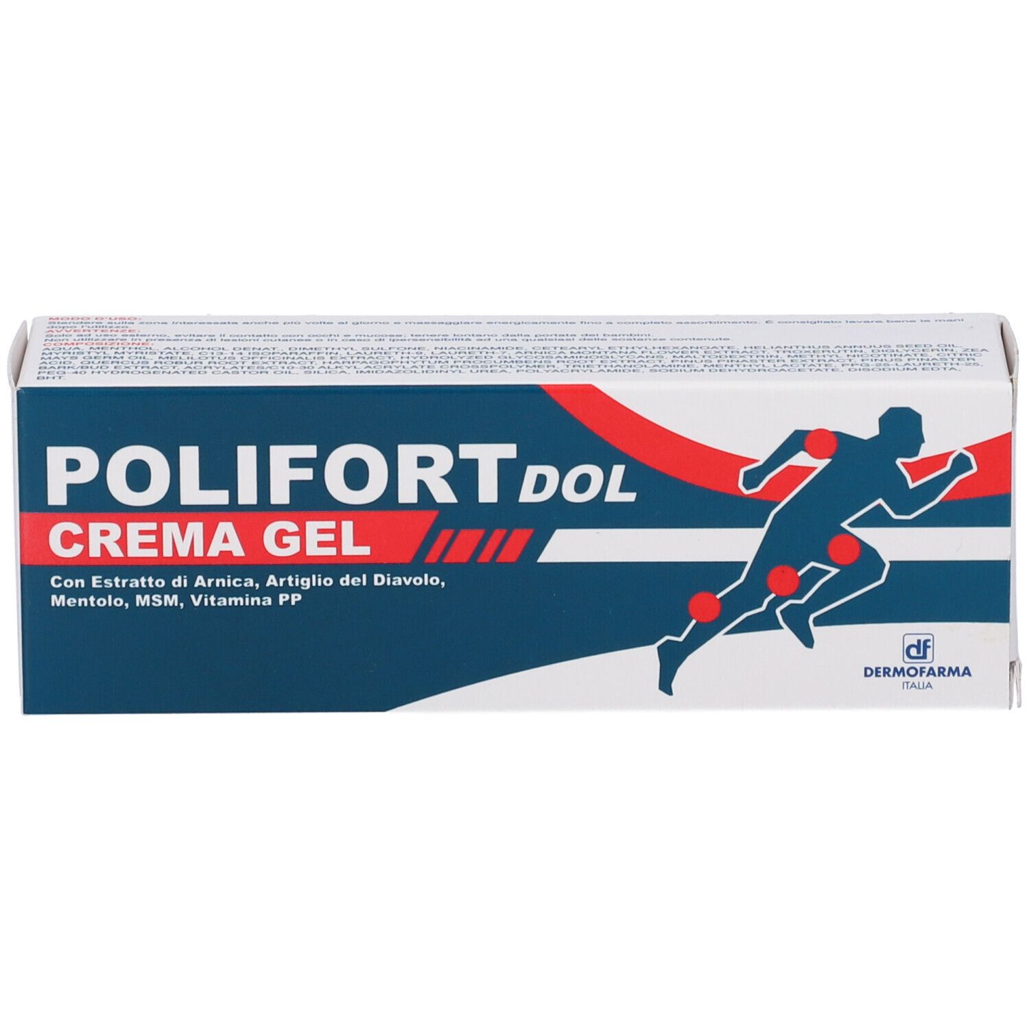 Confezione Polifortdol Crema Gel. Bianco, blu e rosso. Contiene Arnica e Artiglio del diavolo. Logo Dermofarma.
