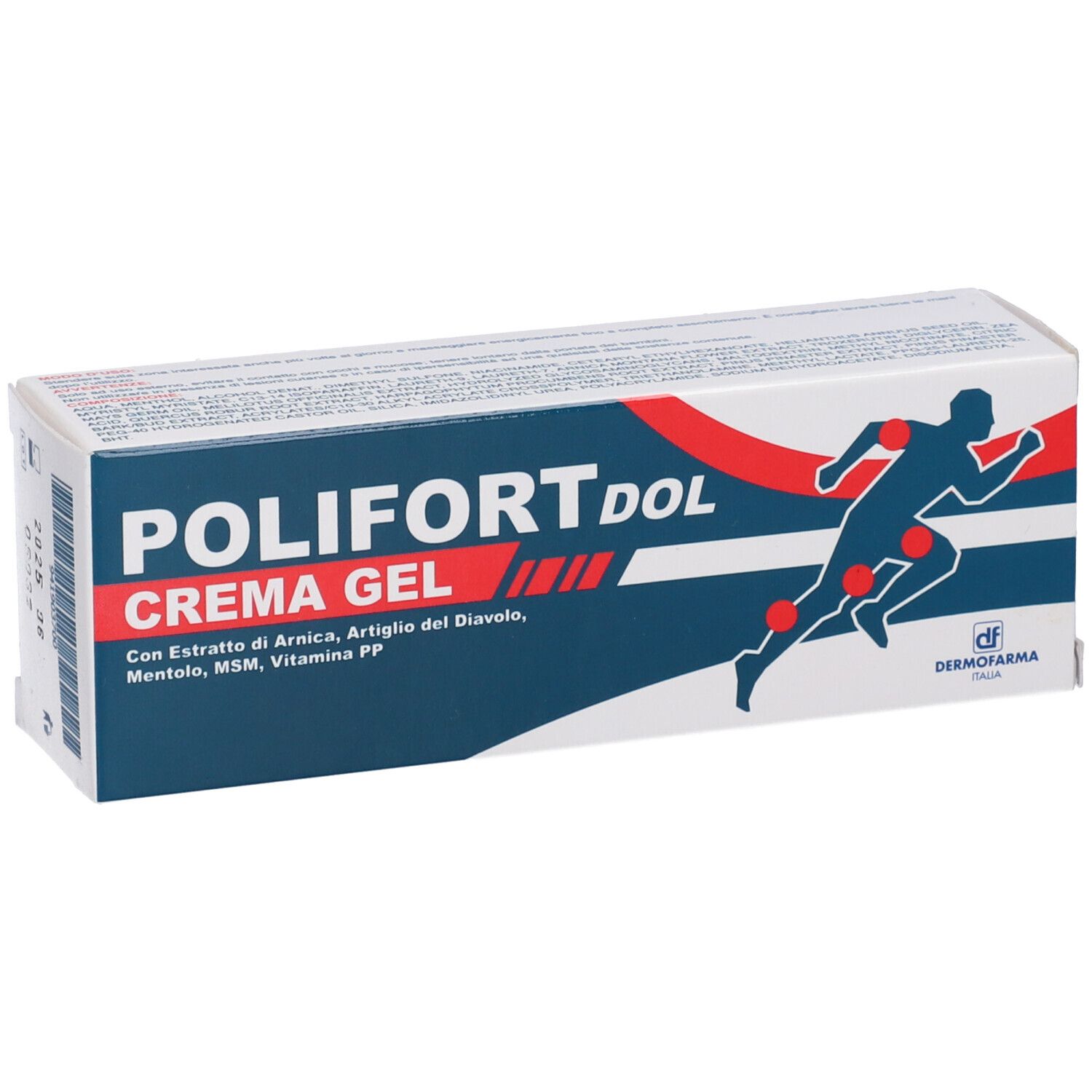 Confezione Polifortdol Crema Gel, in diagonale. Bianco, blu e rosso. Contiene Arnica e Artiglio del diavolo. Logo Dermofarma.