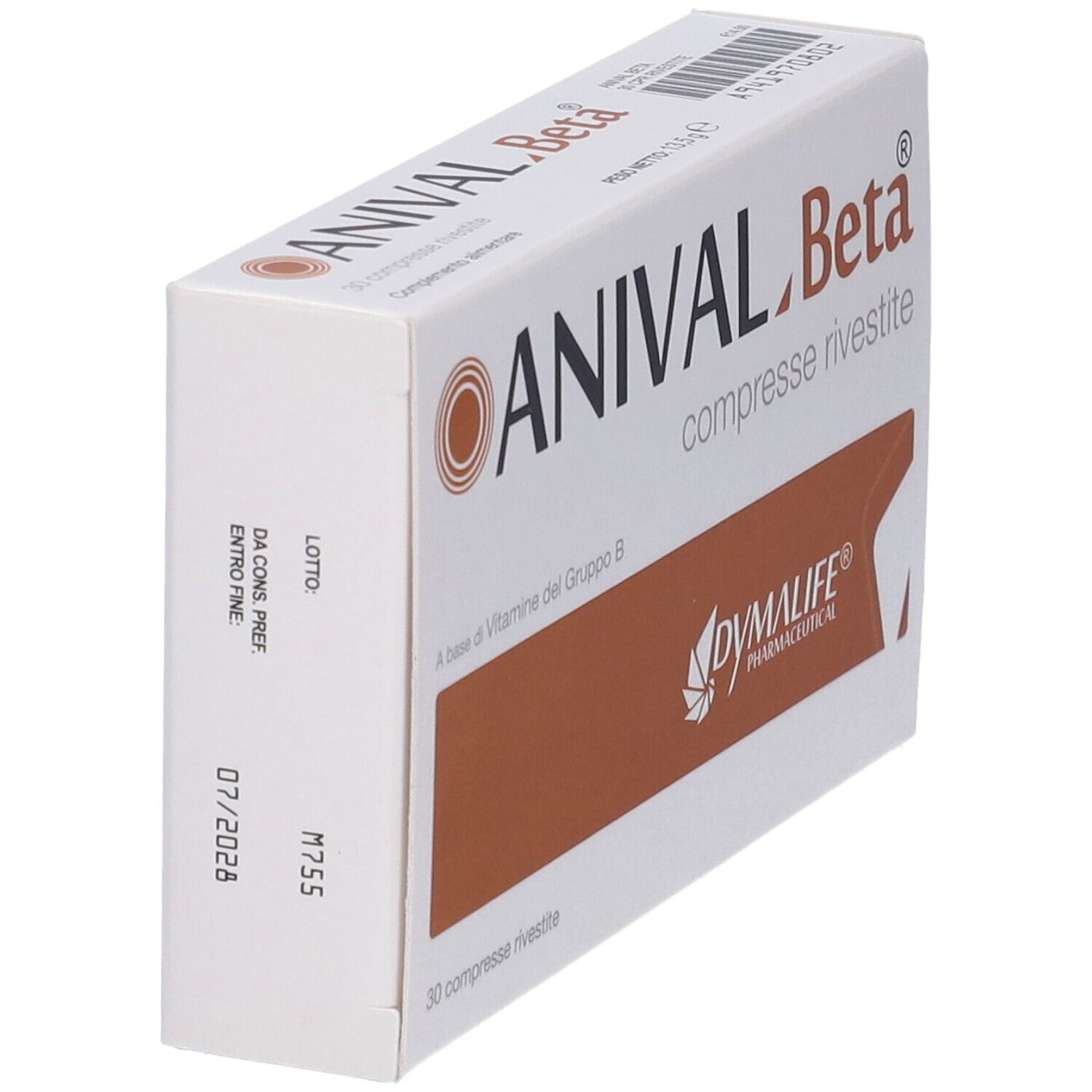 Scatola bianca "ANIVAL Beta". Lato con numero di lotto e data di scadenza. Vista angolata.