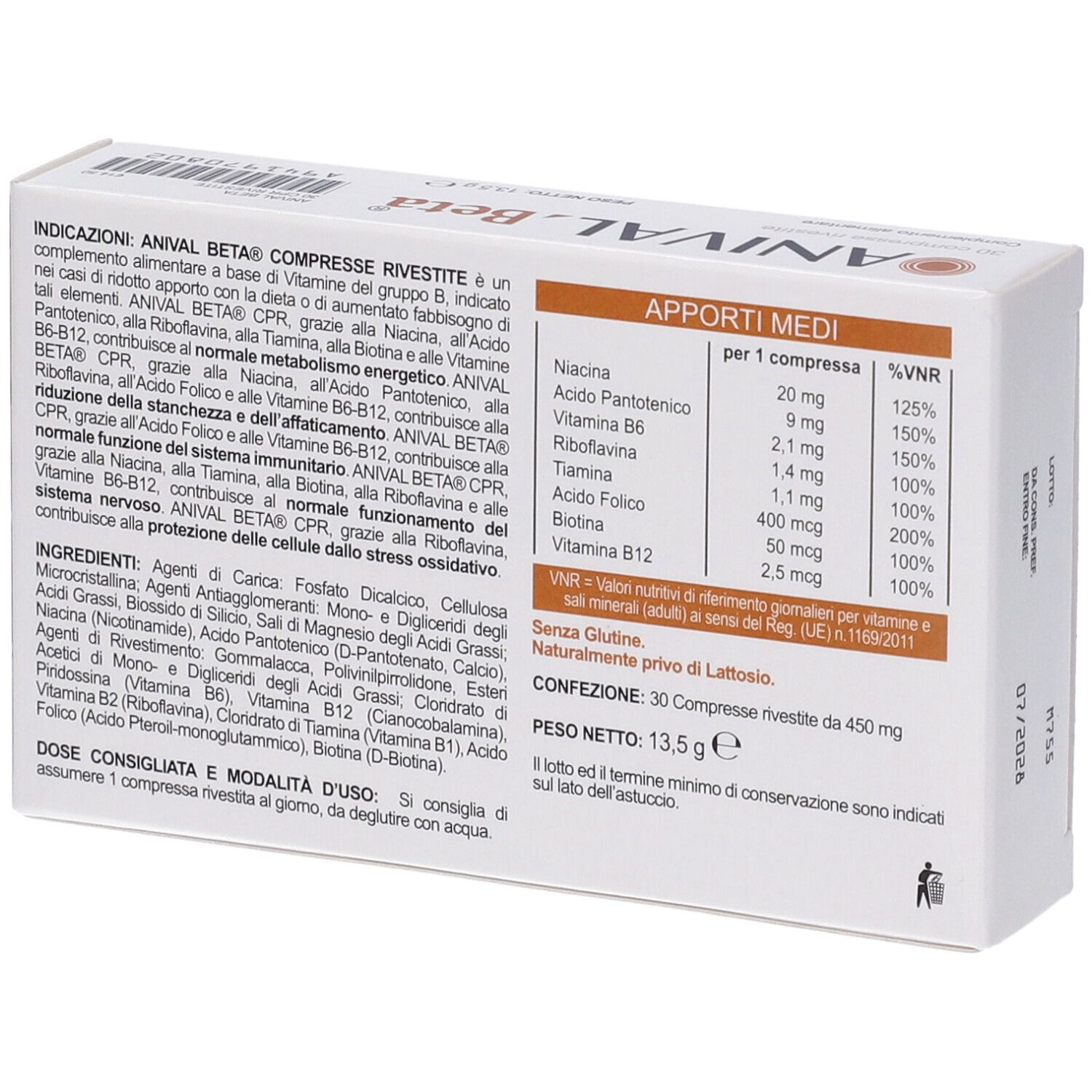 Retro della scatola "ANIVAL Beta". Testo in italiano. Informazioni nutrizionali e ingredienti. Data di scadenza.